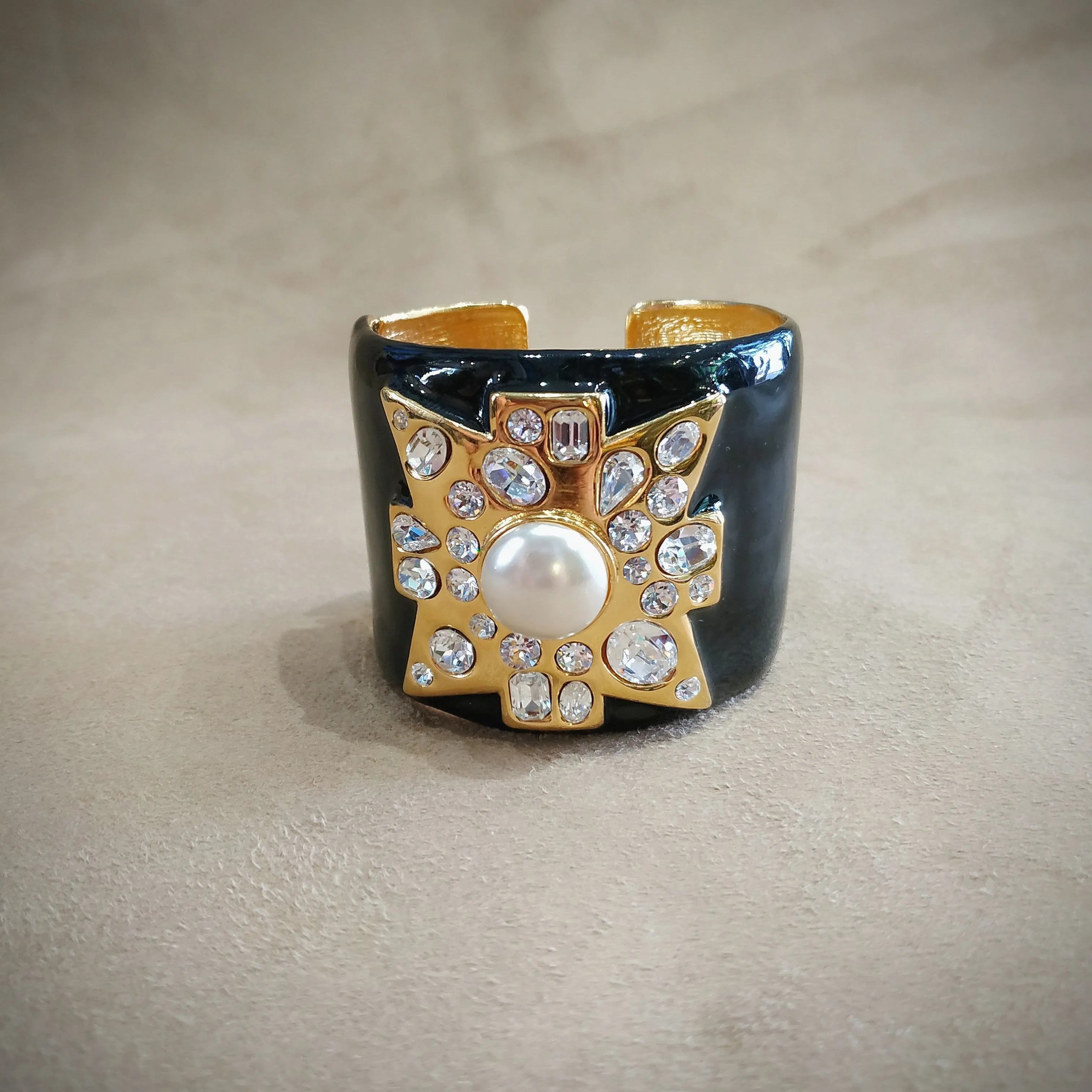 Kenneth Jay Lane Jewelled Cross Black Enamel Pearl Cuff Bracelet