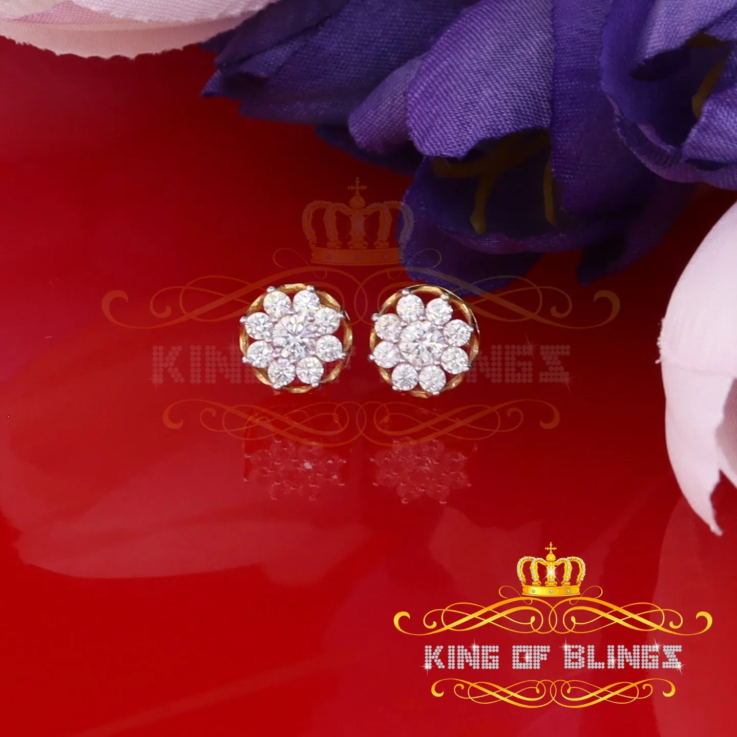 King of Bling's 1.94ct Cubic Zirconia 925 Yellow Sterling Silver Women's Hip Hop Flower Earrings