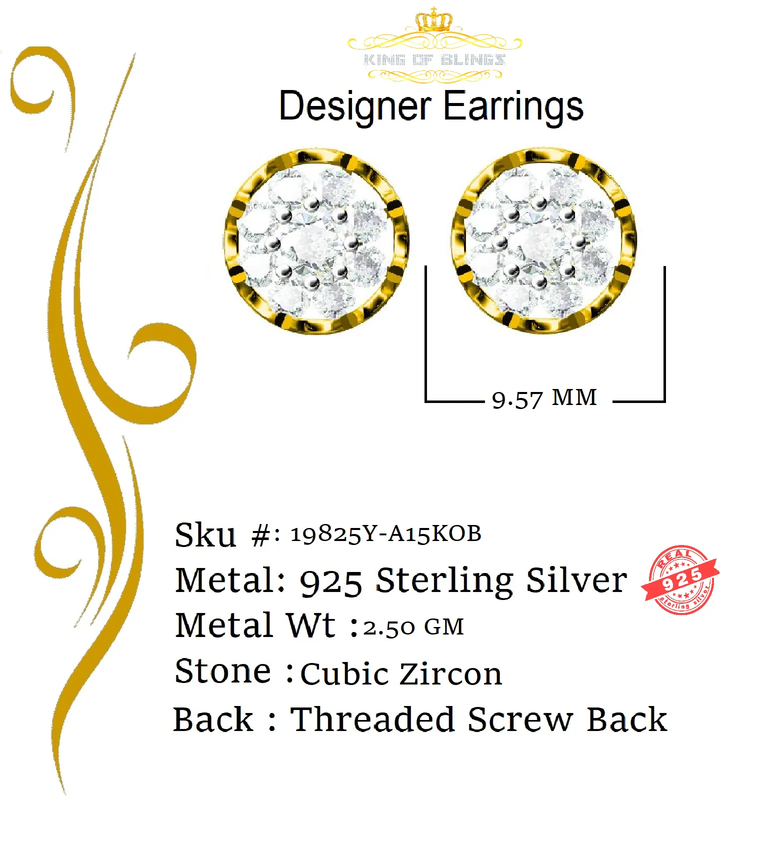 King of Bling's 1.94ct Cubic Zirconia 925 Yellow Sterling Silver Women's Hip Hop Flower Earrings