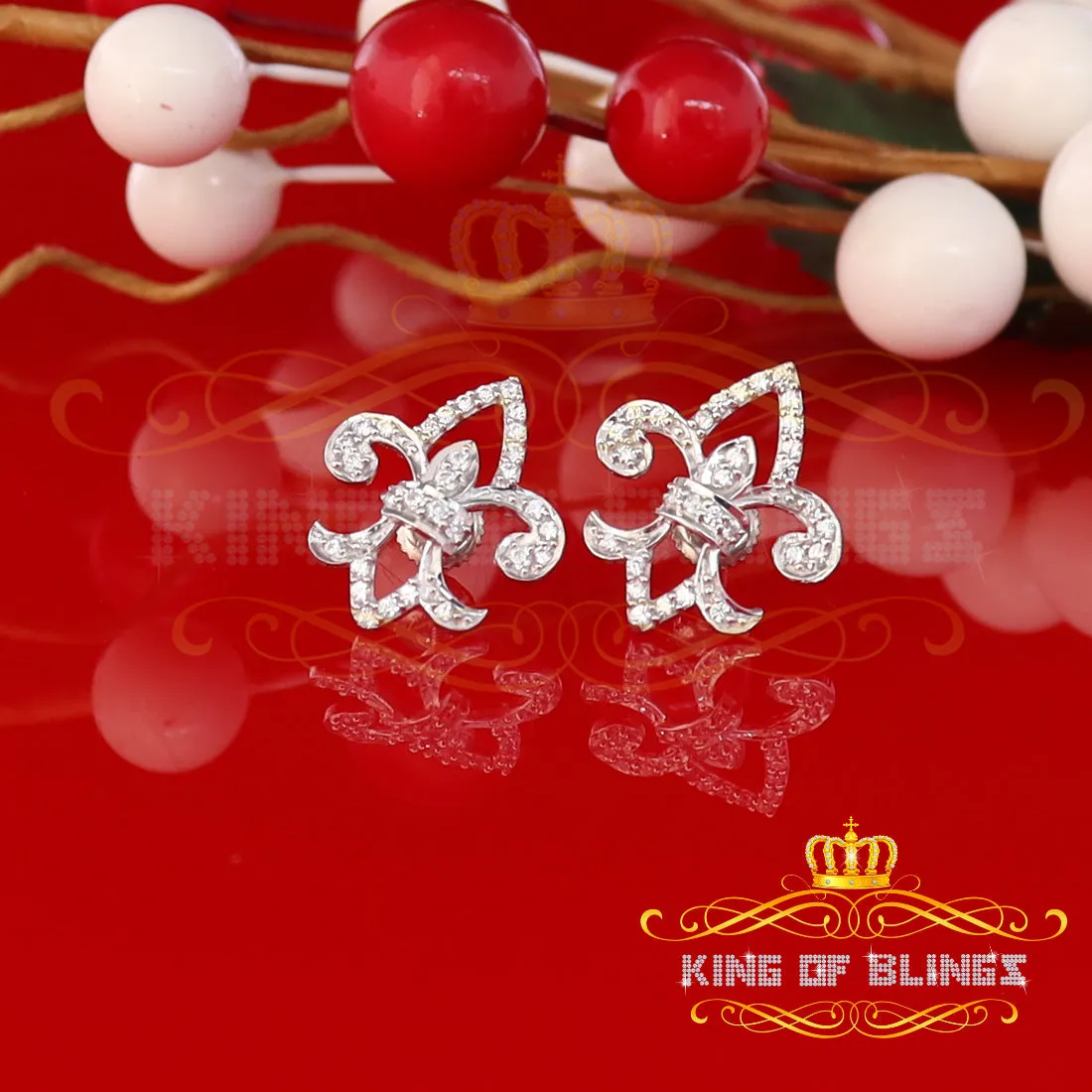 King of Blings- 925 White Silver 0.60ct Cubic Zirconia Fleur de Lis Screw Back Women's Earrings