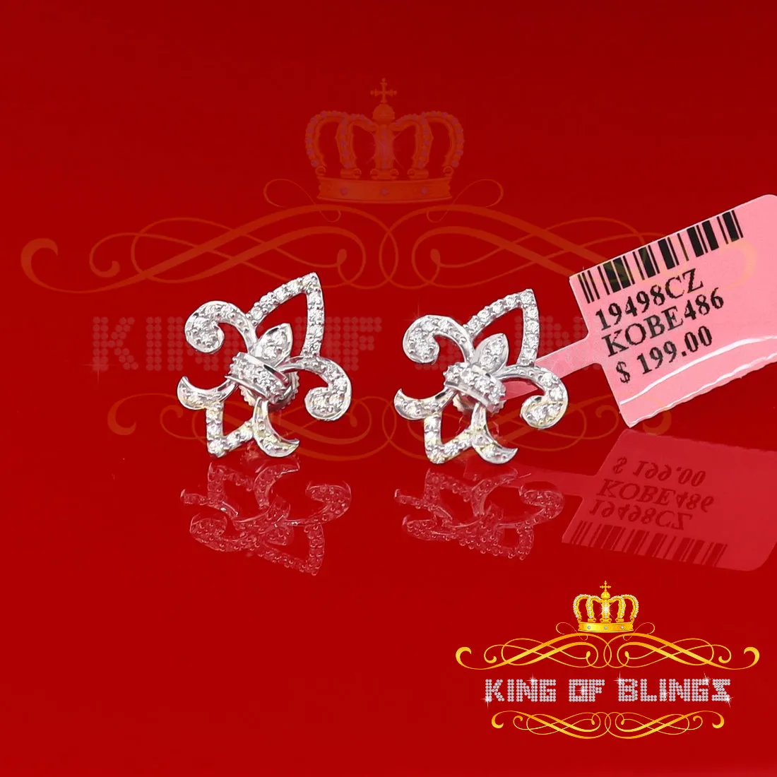 King of Blings- 925 White Silver 0.60ct Cubic Zirconia Fleur de Lis Screw Back Women's Earrings