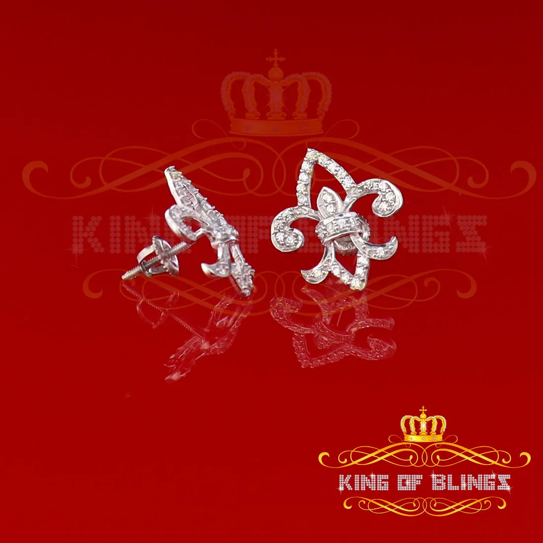 King of Blings- 925 White Silver 0.60ct Cubic Zirconia Fleur de Lis Screw Back Women's Earrings