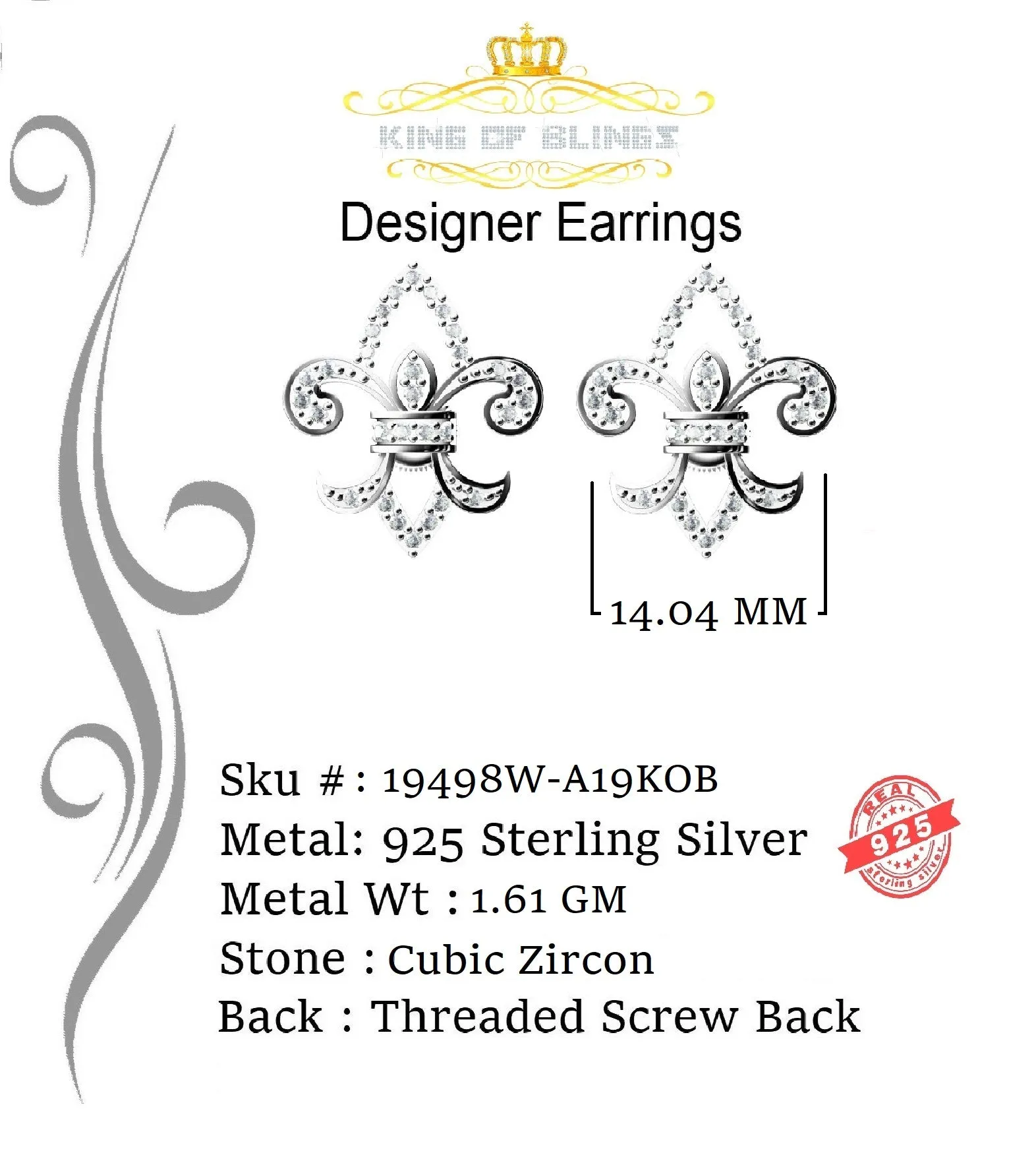 King of Blings- 925 White Silver 0.60ct Cubic Zirconia Fleur de Lis Screw Back Women's Earrings