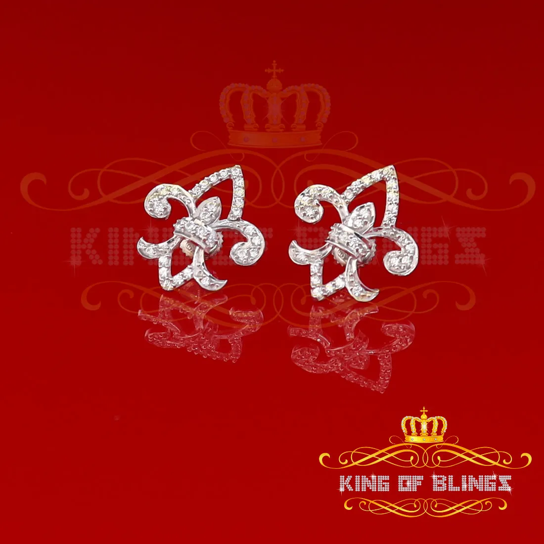 King of Blings- 925 White Silver 0.60ct Cubic Zirconia Fleur de Lis Screw Back Women's Earrings