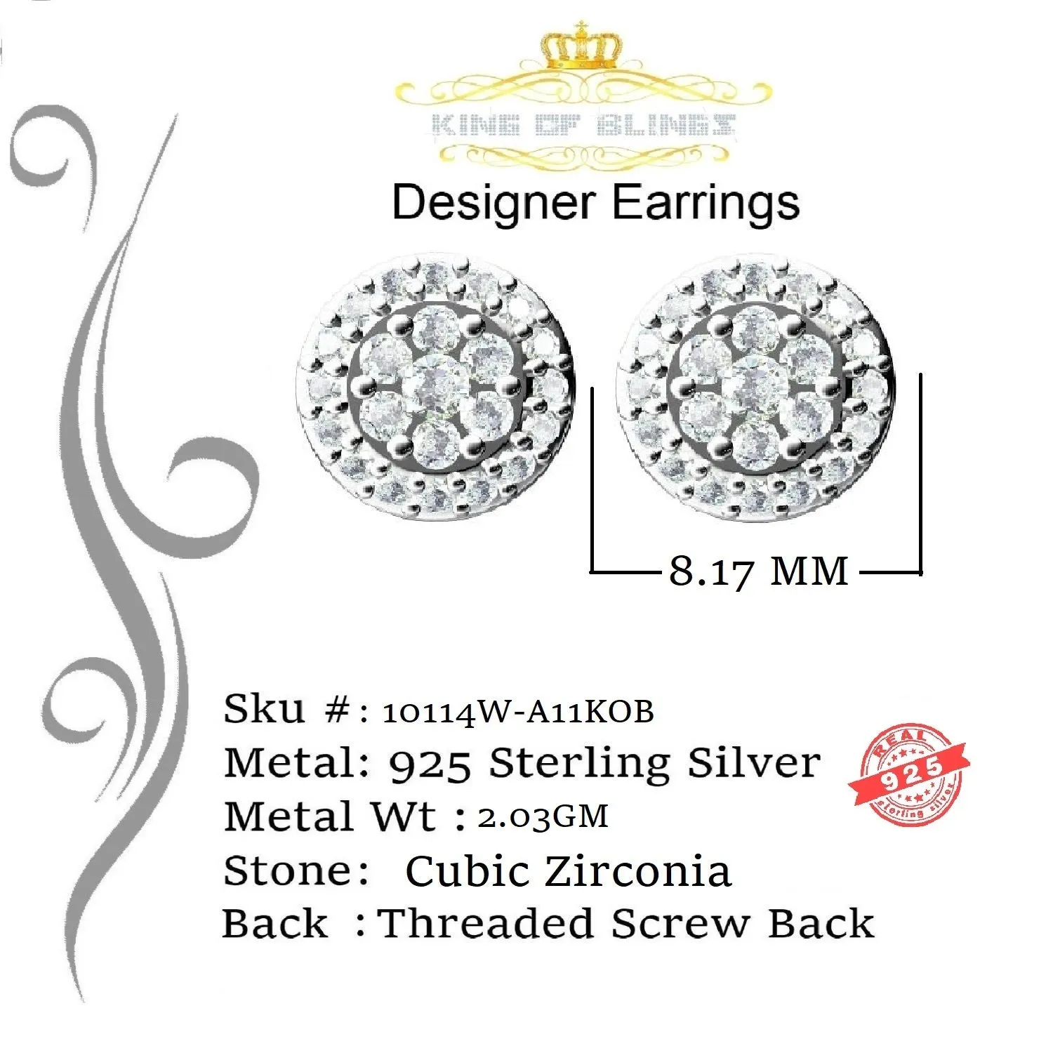 King of Blings- 925 White Silver 0.90ct Cubic Zirconia Women's & Men's Hip Hop Floral Earrings