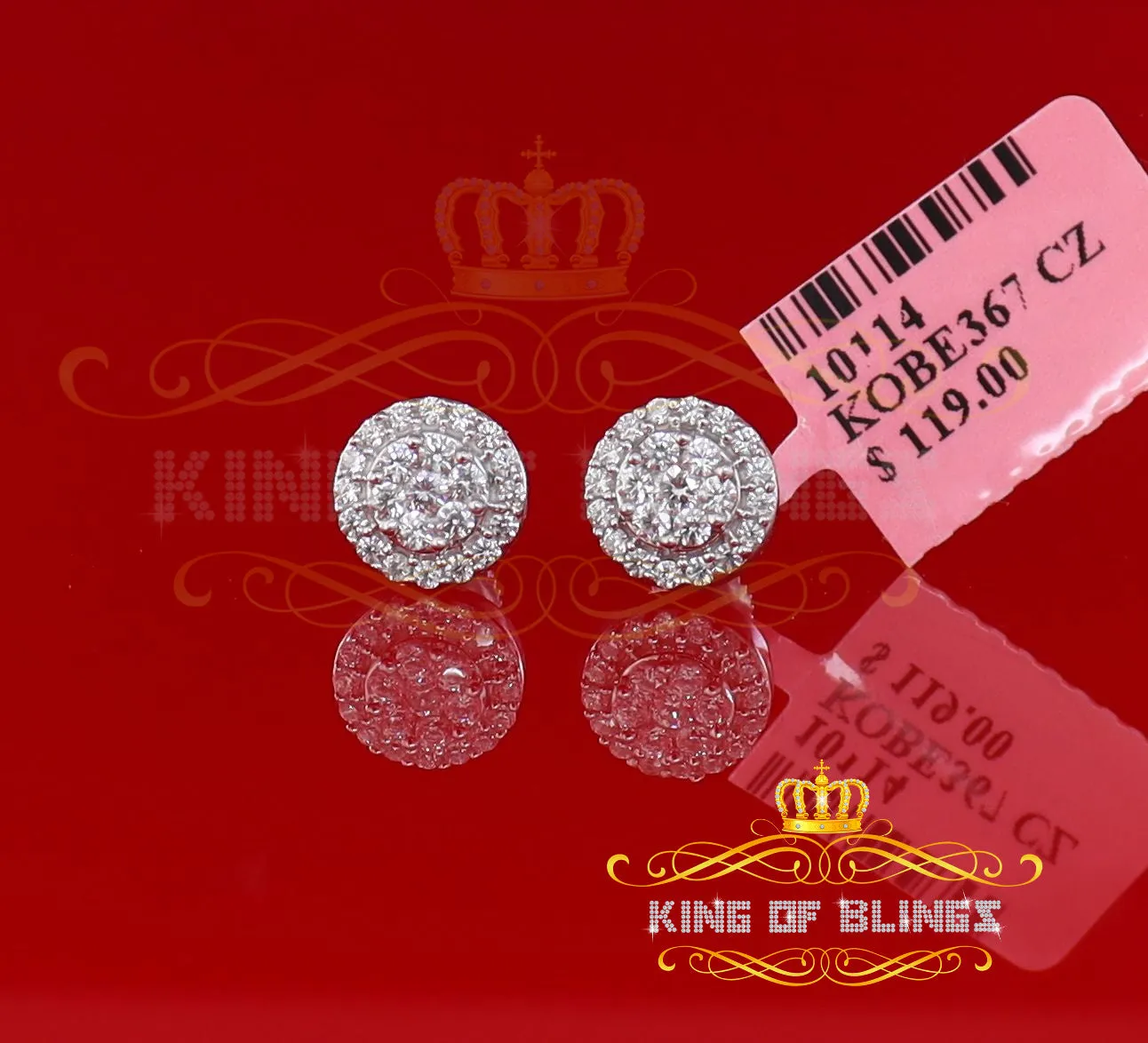 King of Blings- 925 White Silver 0.90ct Cubic Zirconia Women's & Men's Hip Hop Floral Earrings