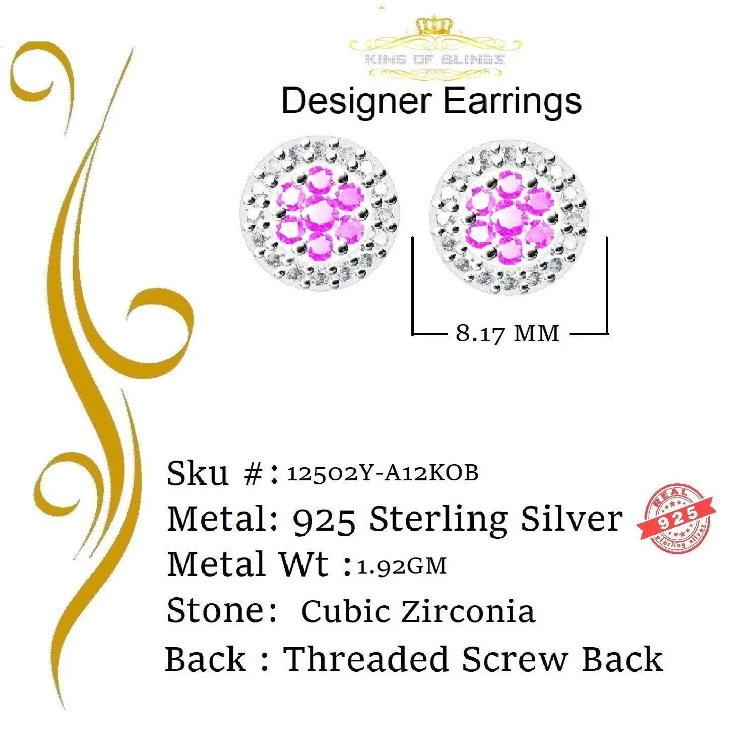 King of Bling's 925 Yellow Sterling Silver 0.90ct Cubic Zirconia Women's Hip Hop Round Earrings