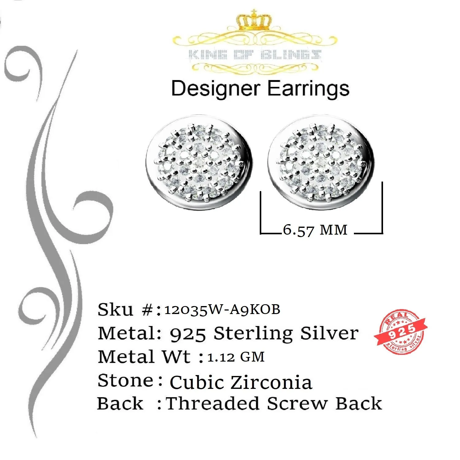 King of Blings- Aretes Para Hombre 925 White Silver 0.64ct Cubic Zirconia Round Women's Earrings