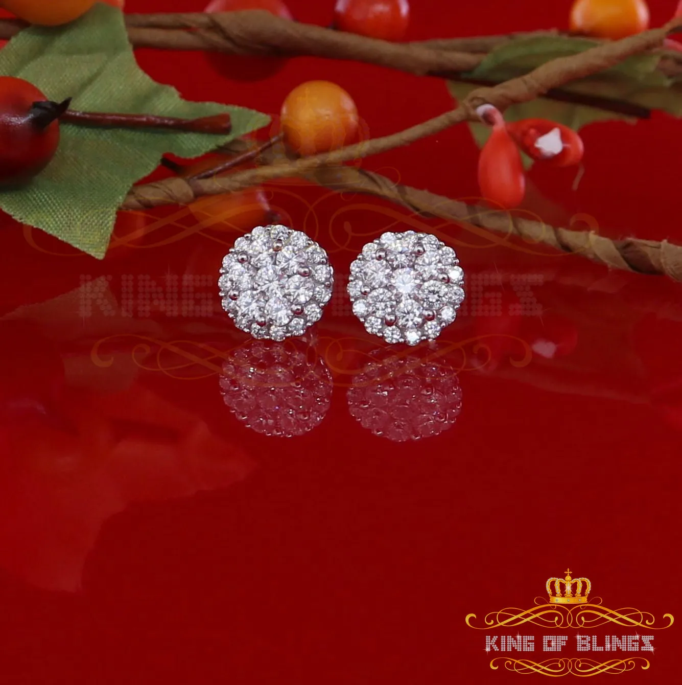 King of Blings- Aretes Para Hombre 925 White Silver 1.49ct Cubic Zirconia Floral Women Earrings