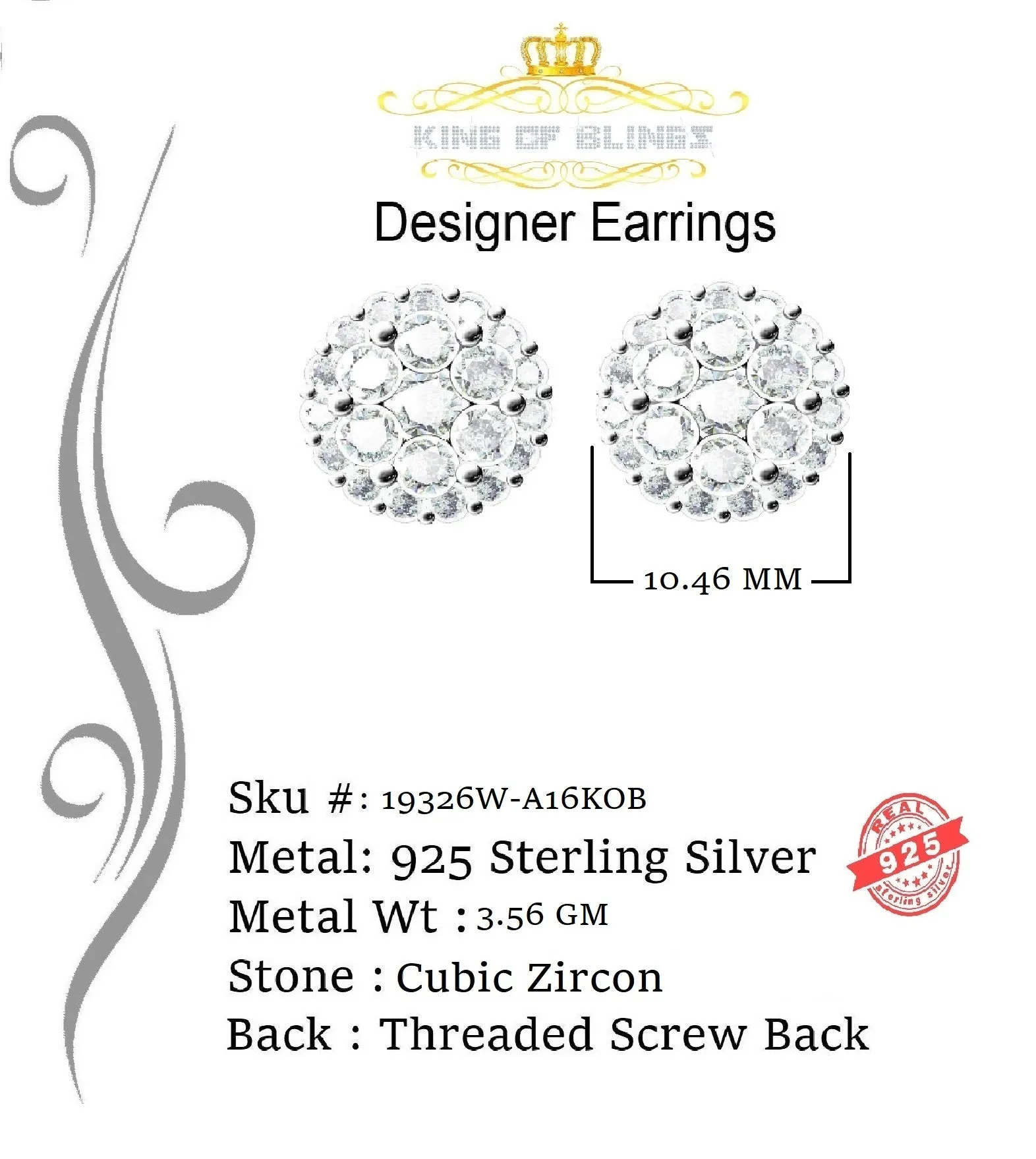 King of Blings- Aretes Para Hombre 925 White Silver 1.49ct Cubic Zirconia Floral Women Earrings