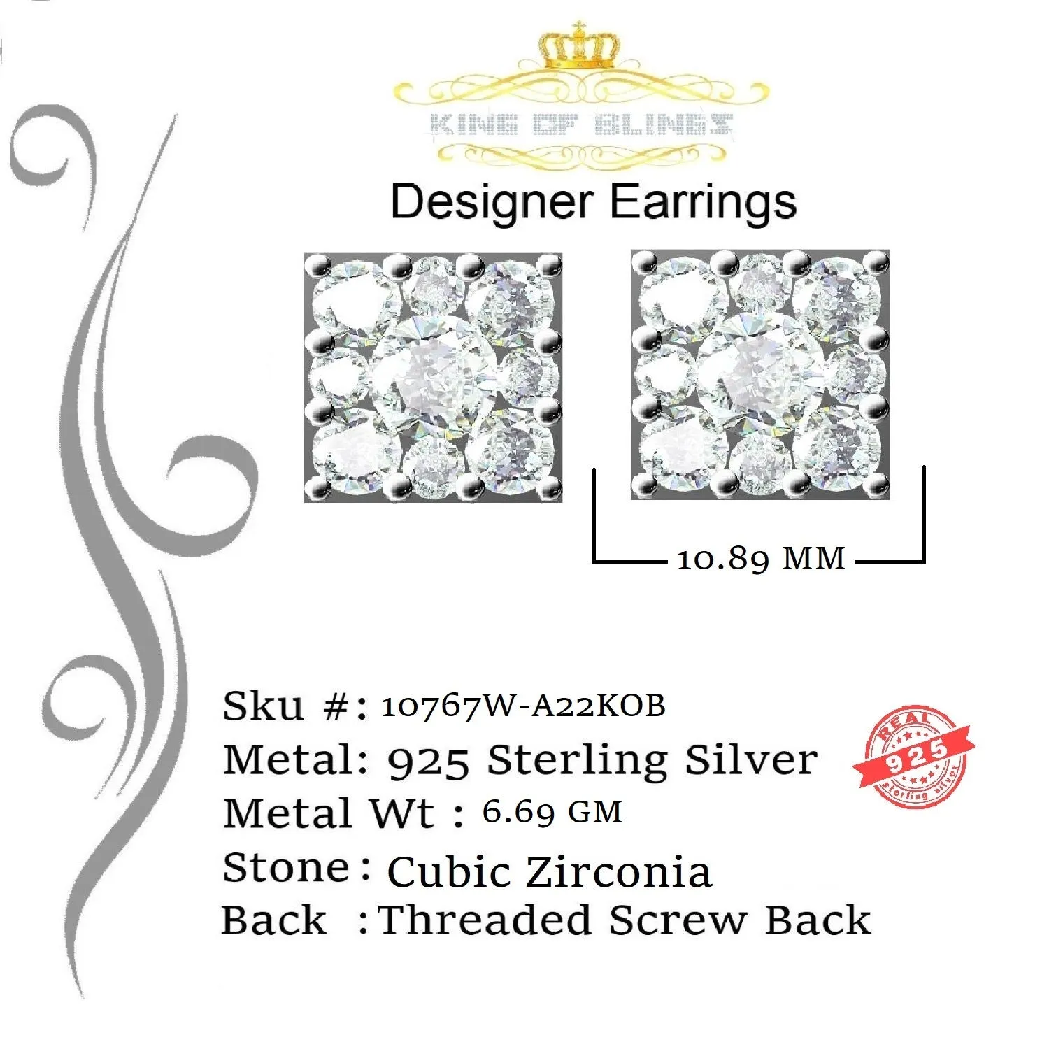 King of Blings- White 2.28ct Cubic Zirconia 925 Sterling Silver Hip Hop Square Ladies Earrings