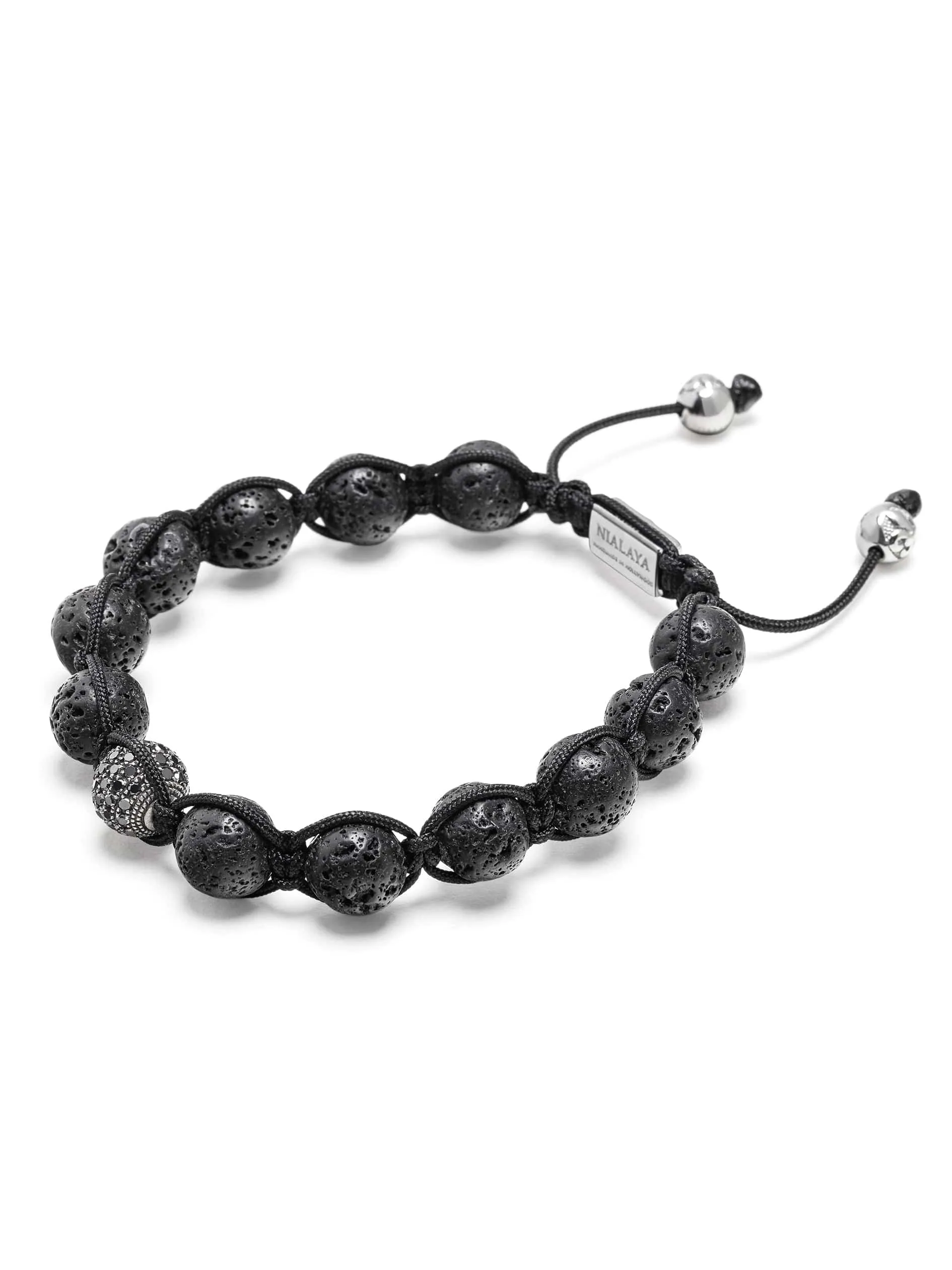 Men's Black Diamond Beaded Bracelet with Lava Stone and Sterling Silver