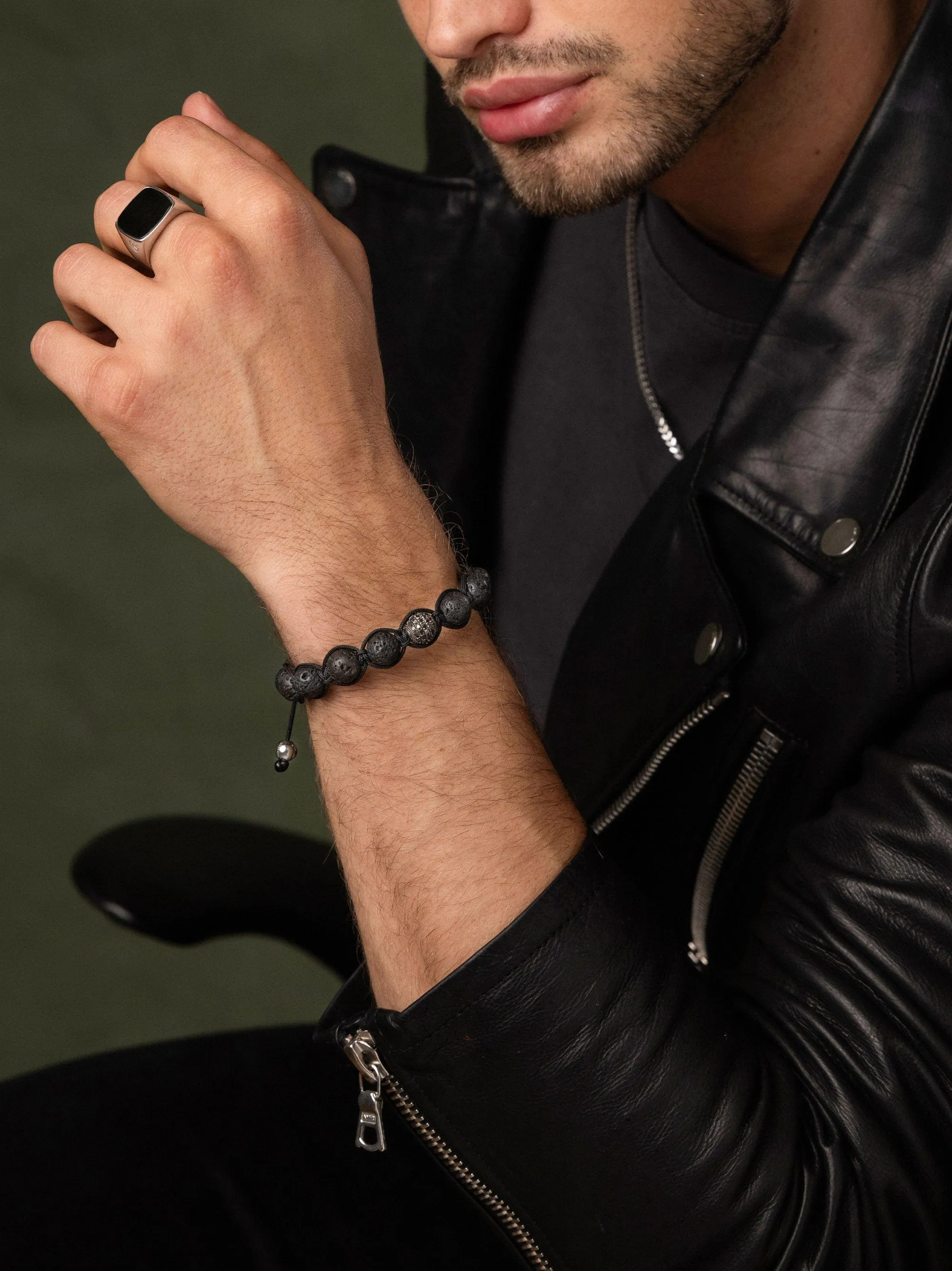 Men's Black Diamond Beaded Bracelet with Lava Stone and Sterling Silver