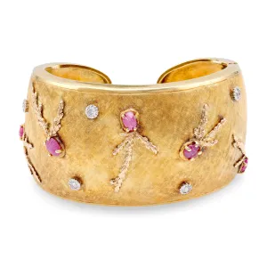 Mid-Century Ruby Diamond 18K Yellow Gold Cuff Bangle Bracelet