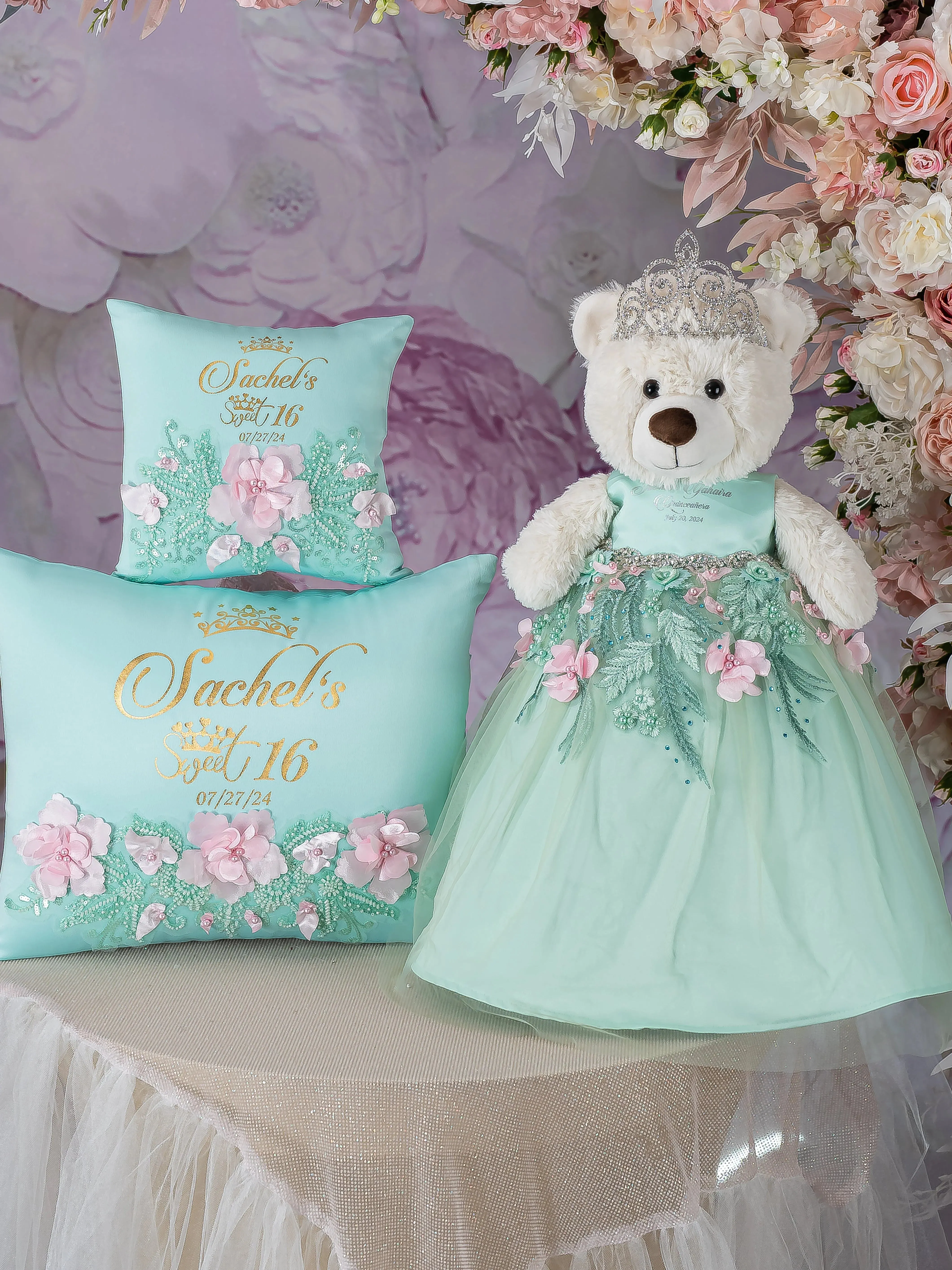 Mint Quinceanera pillows set and teddy bear