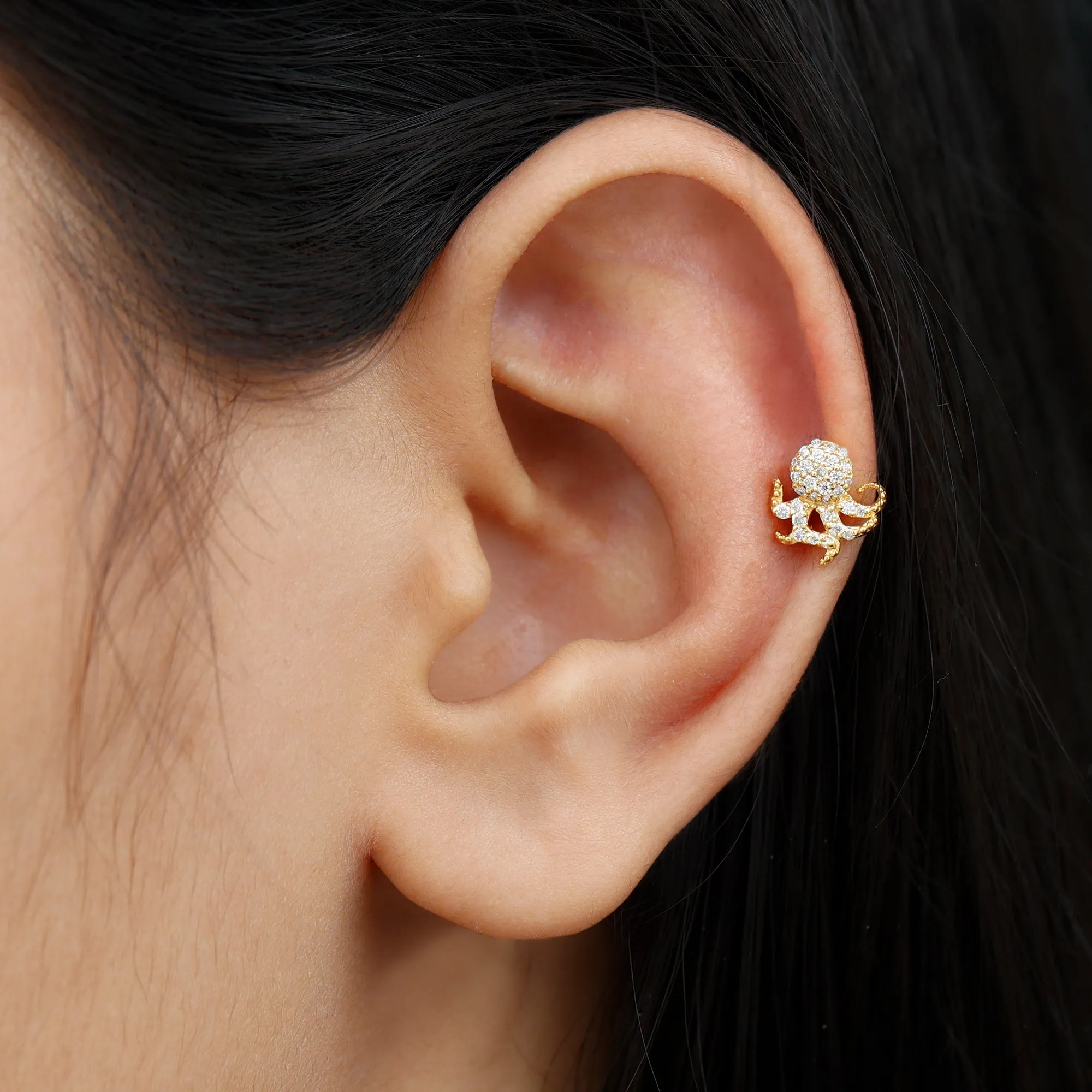 Moissanite Gold Octopus Earring for Cartilage Piercing