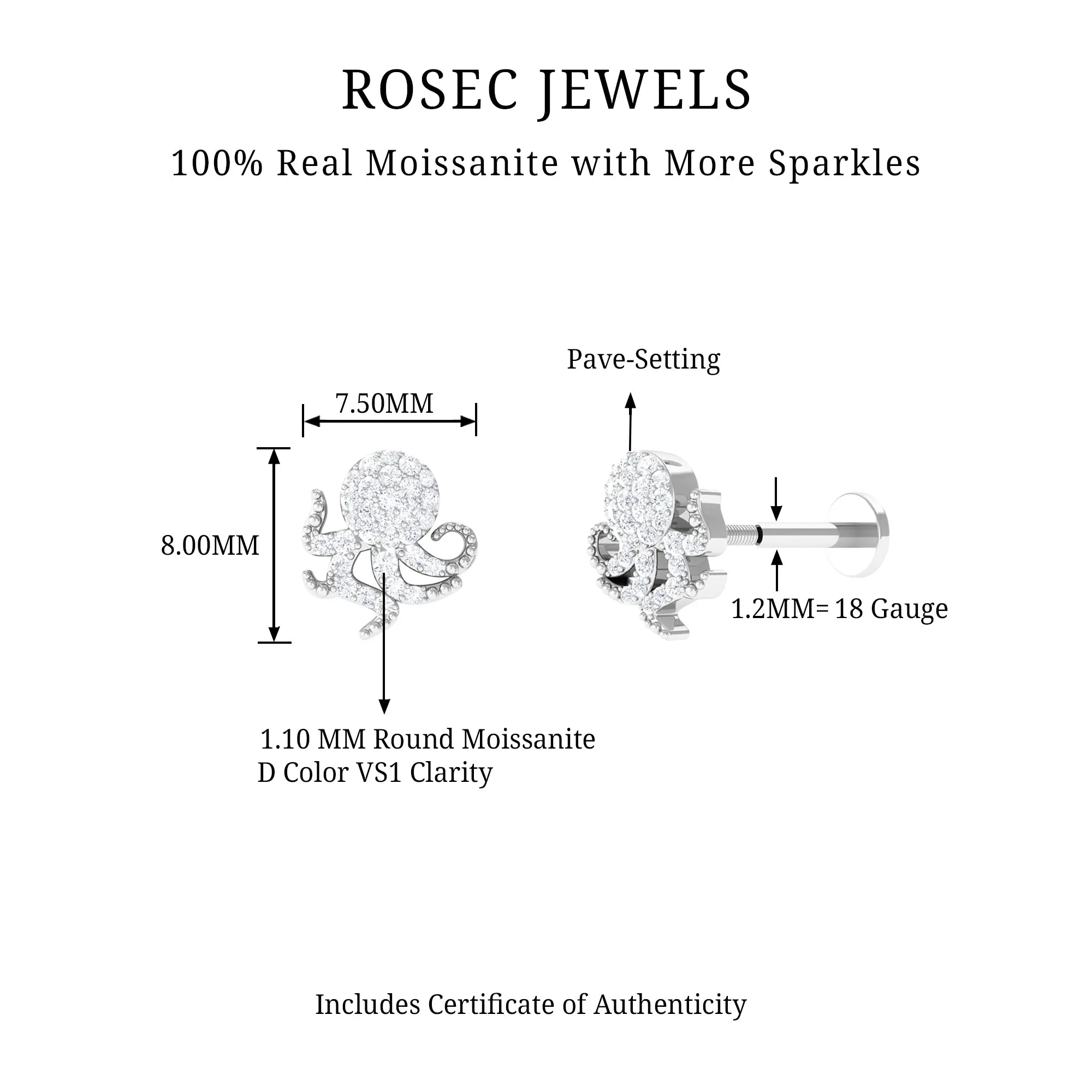 Moissanite Gold Octopus Earring for Cartilage Piercing