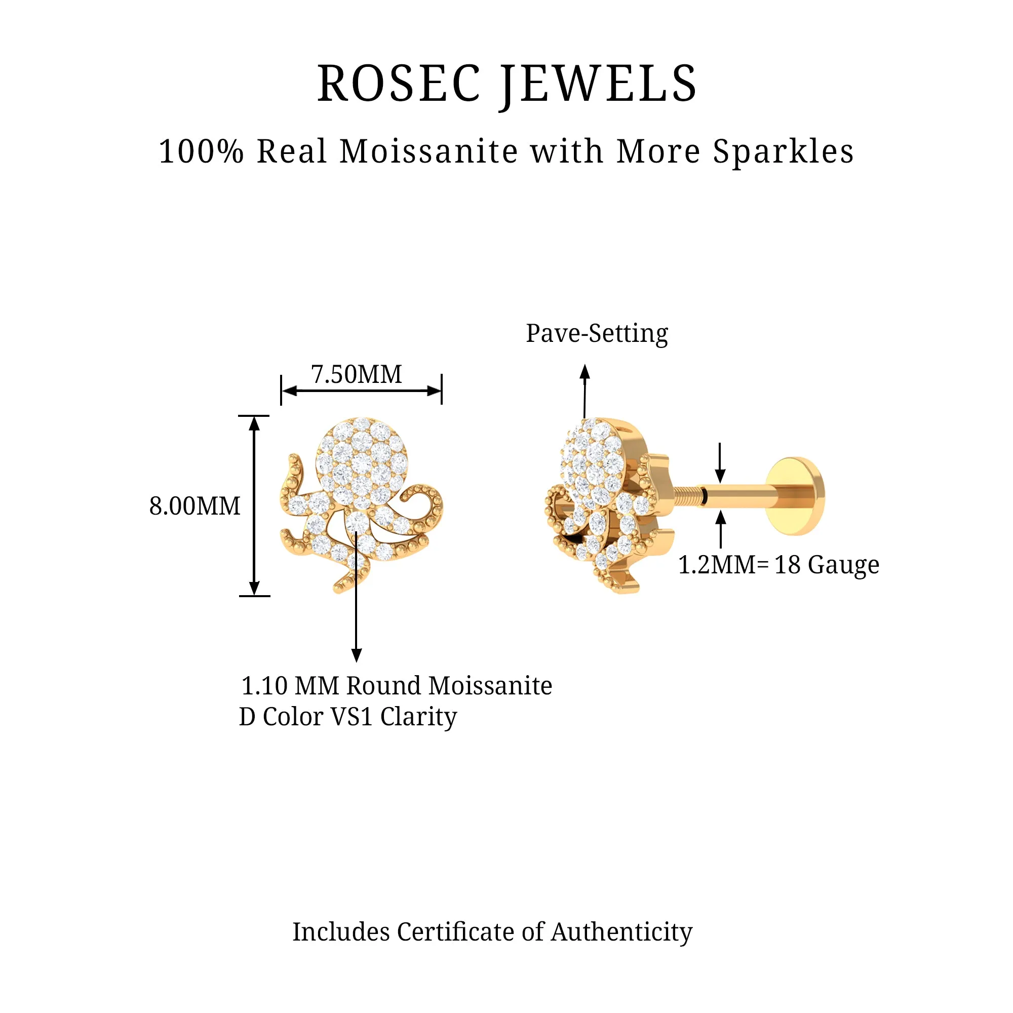 Moissanite Gold Octopus Earring for Cartilage Piercing