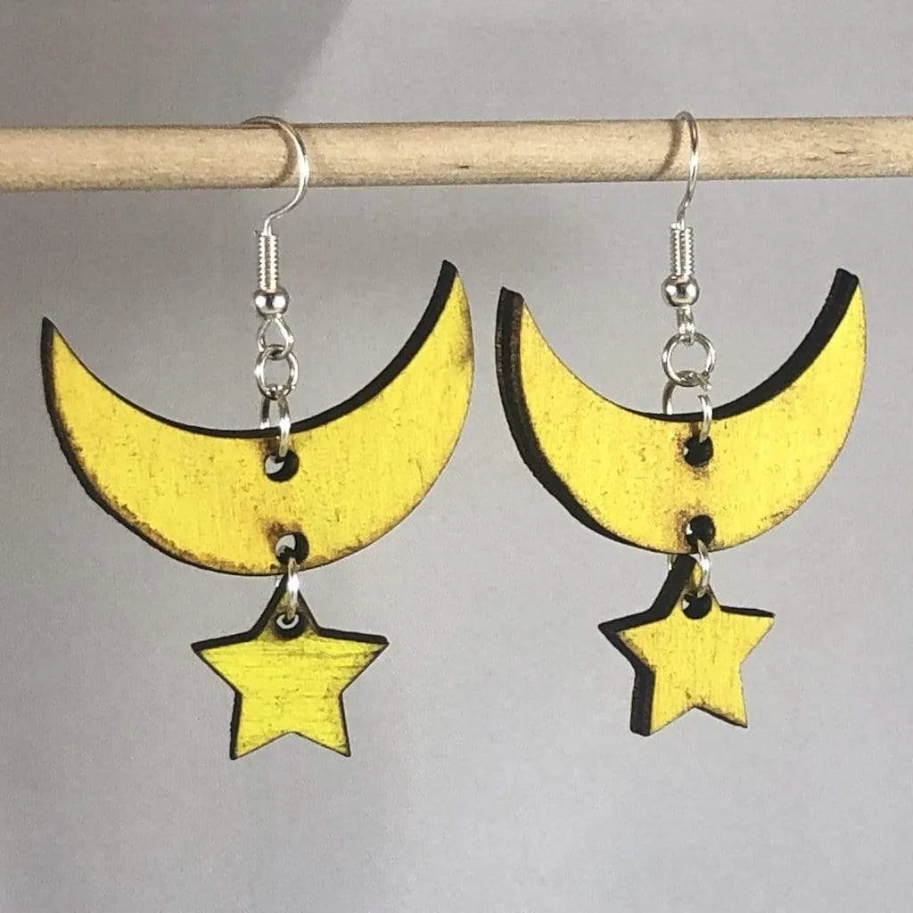 Moon and Star Wooden Dangle Earrings by Cate's Concepts, LLC