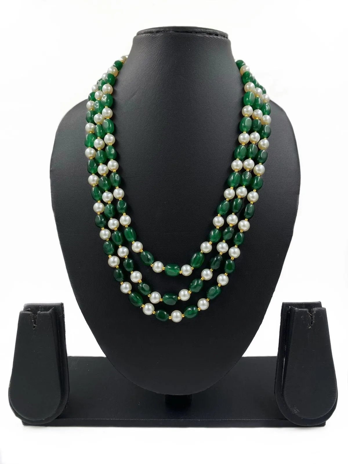 Multilayered Semi Precious Green Jade And Pearls Beads Necklace By Gehna Shop