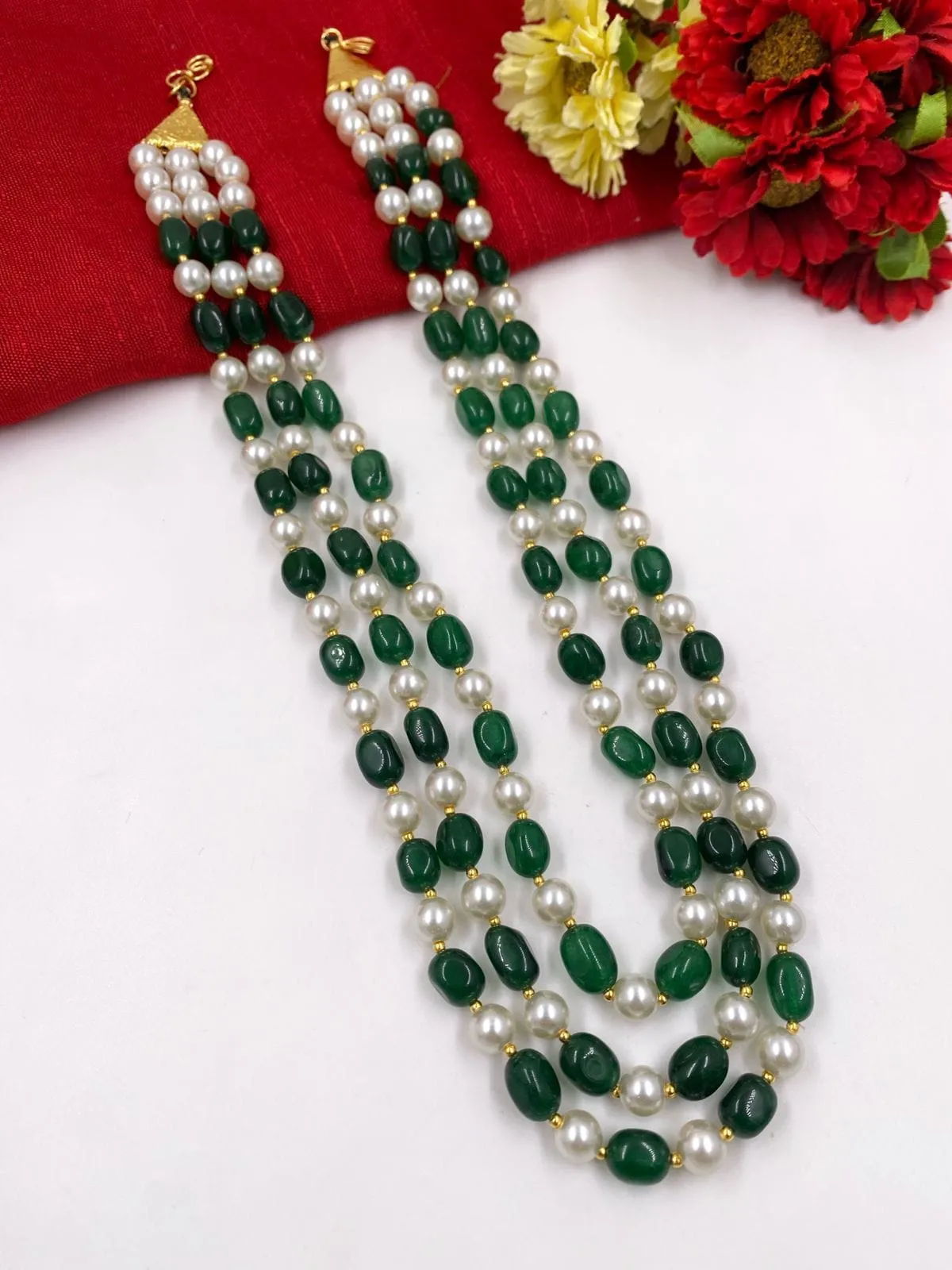 Multilayered Semi Precious Green Jade And Pearls Beads Necklace By Gehna Shop