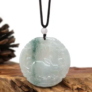 Natural Ice Blue-green Jadeite Jade "Rabbit" Zodiac Pendant Necklace