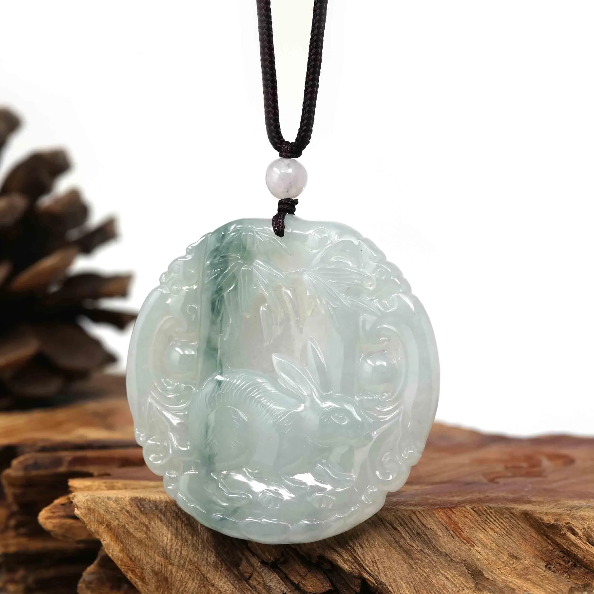 Natural Ice Blue-green Jadeite Jade "Rabbit" Zodiac Pendant Necklace