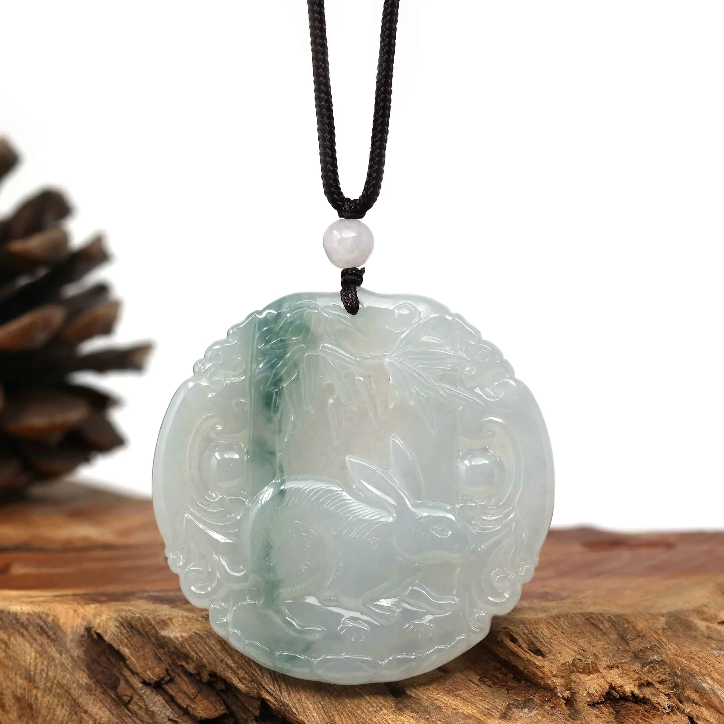 Natural Ice Blue-green Jadeite Jade "Rabbit" Zodiac Pendant Necklace