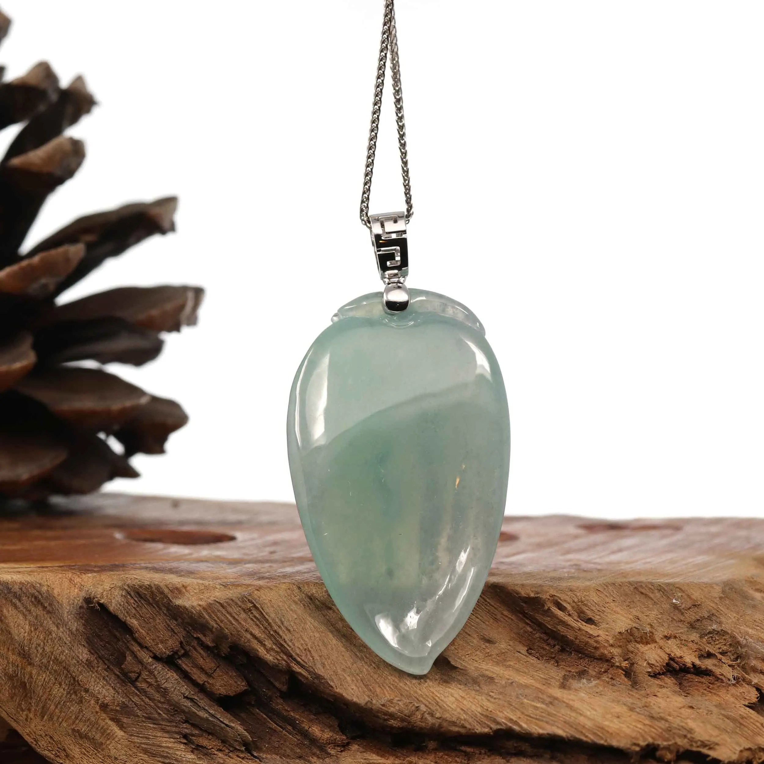 Natural Icy Jadeite Jade Shou Tao ( longevity Peach ) Necklace With 14k White Gold Bail