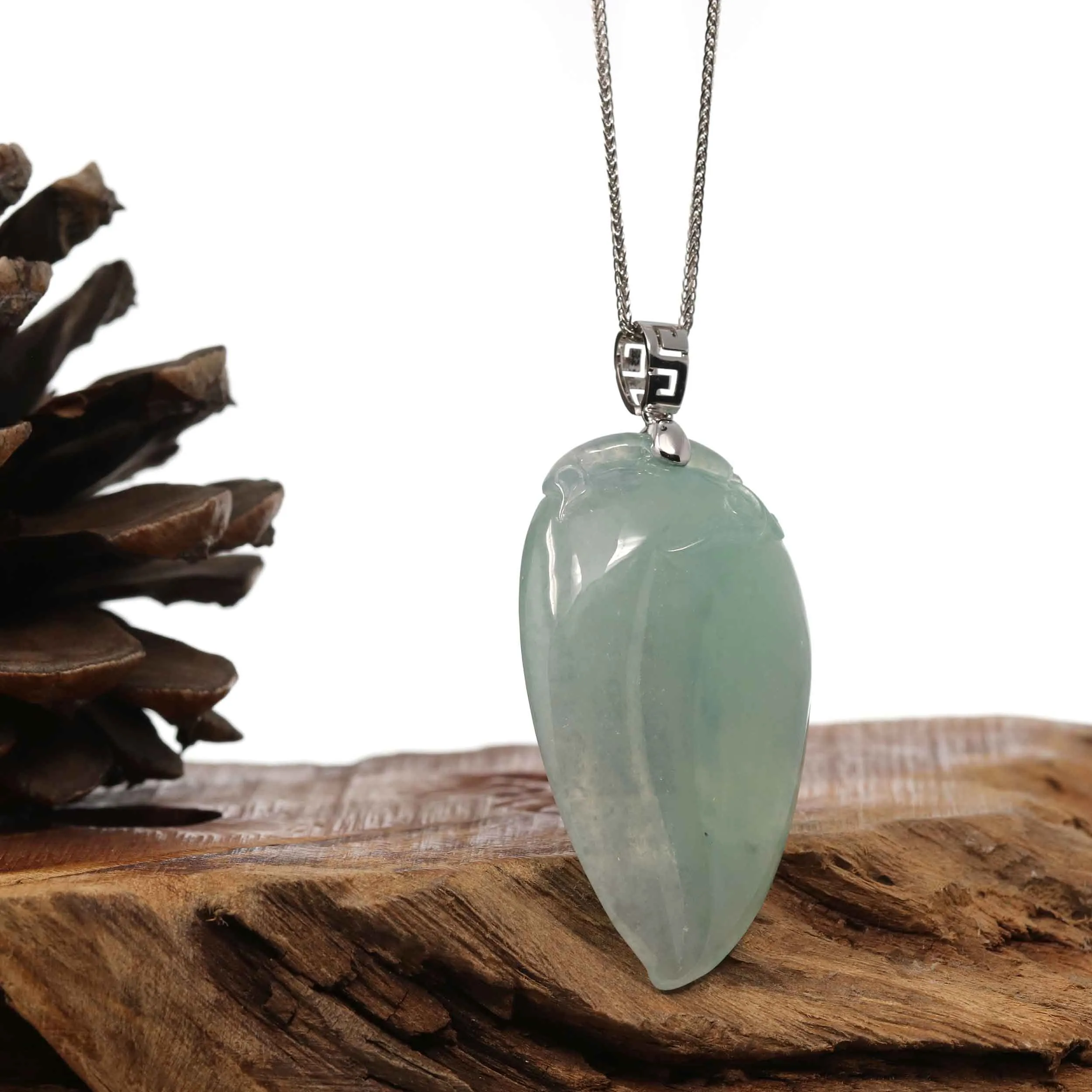 Natural Icy Jadeite Jade Shou Tao ( longevity Peach ) Necklace With 14k White Gold Bail