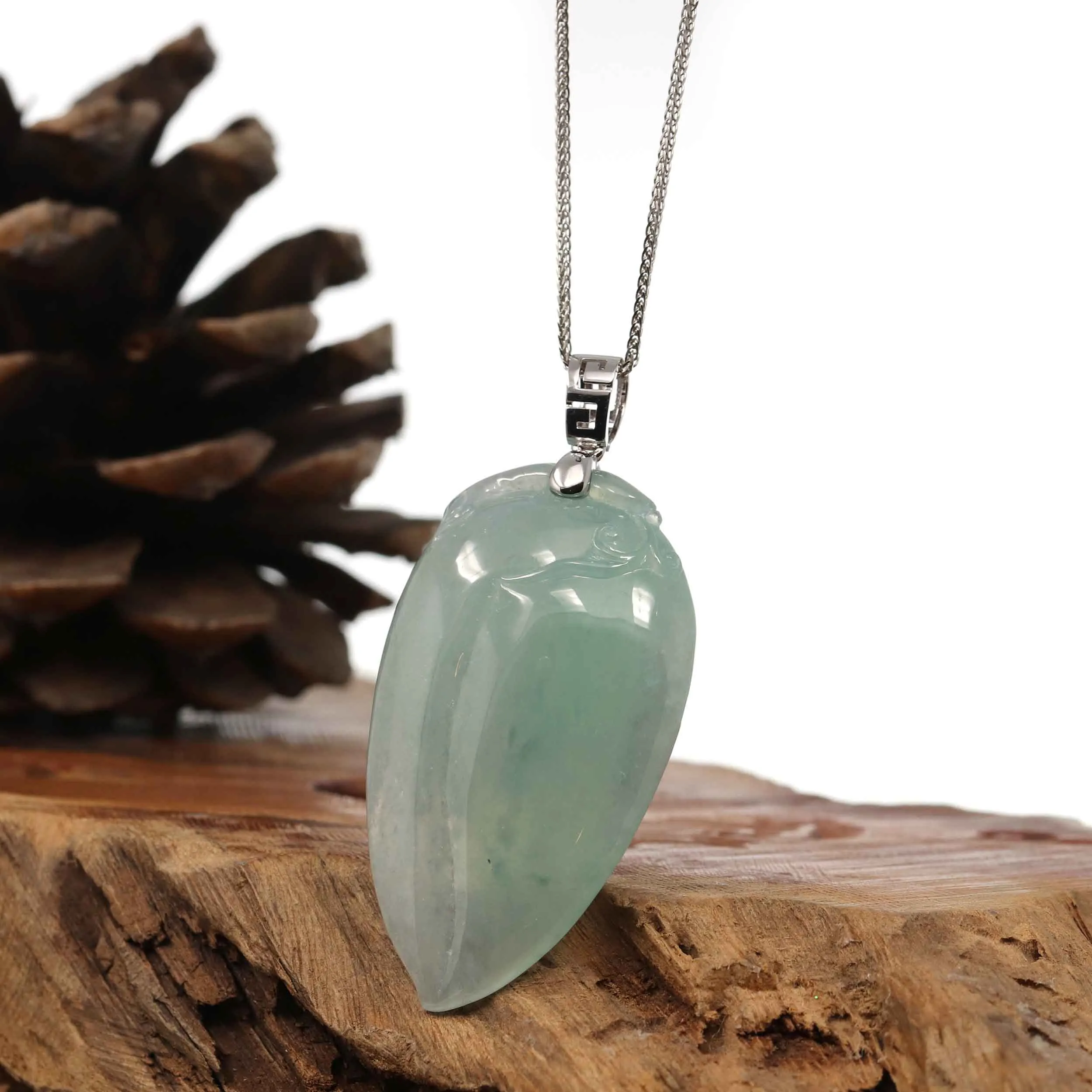 Natural Icy Jadeite Jade Shou Tao ( longevity Peach ) Necklace With 14k White Gold Bail