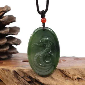 Natural Jade 12 Zodiac: Nephrite Jade Snake Pendant Necklace in Deep Green