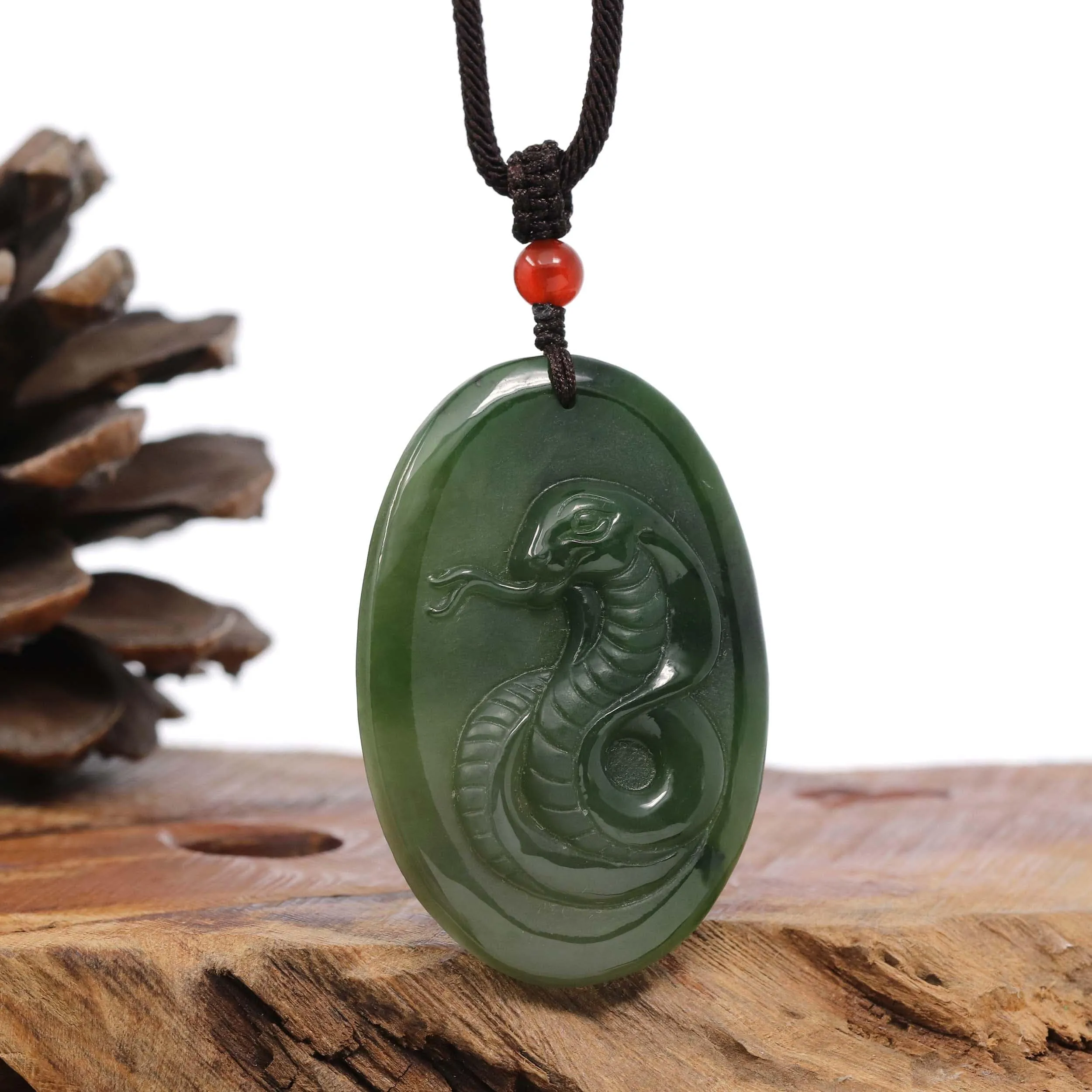 Natural Jade 12 Zodiac: Nephrite Jade Snake Pendant Necklace in Deep Green