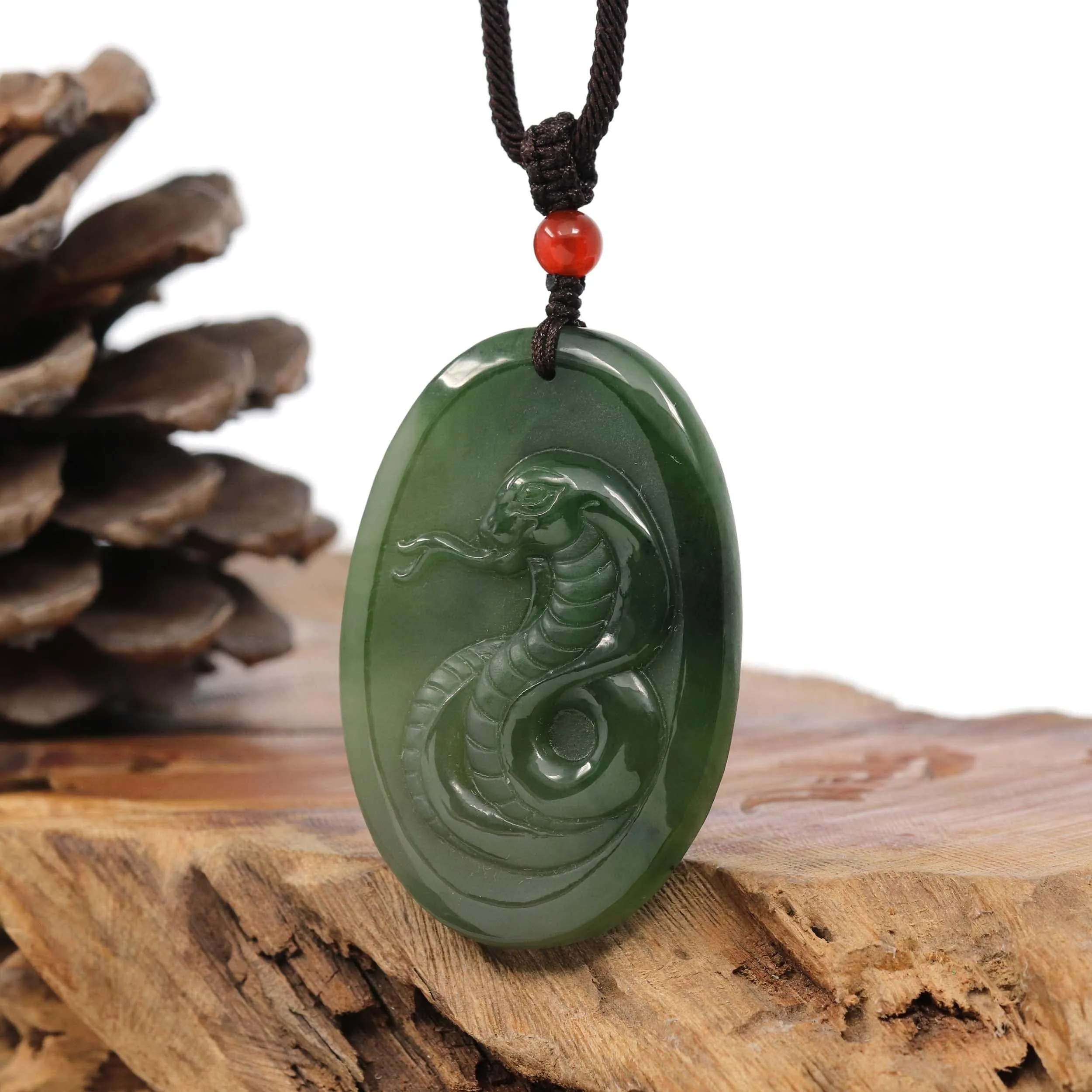 Natural Jade 12 Zodiac: Nephrite Jade Snake Pendant Necklace in Deep Green