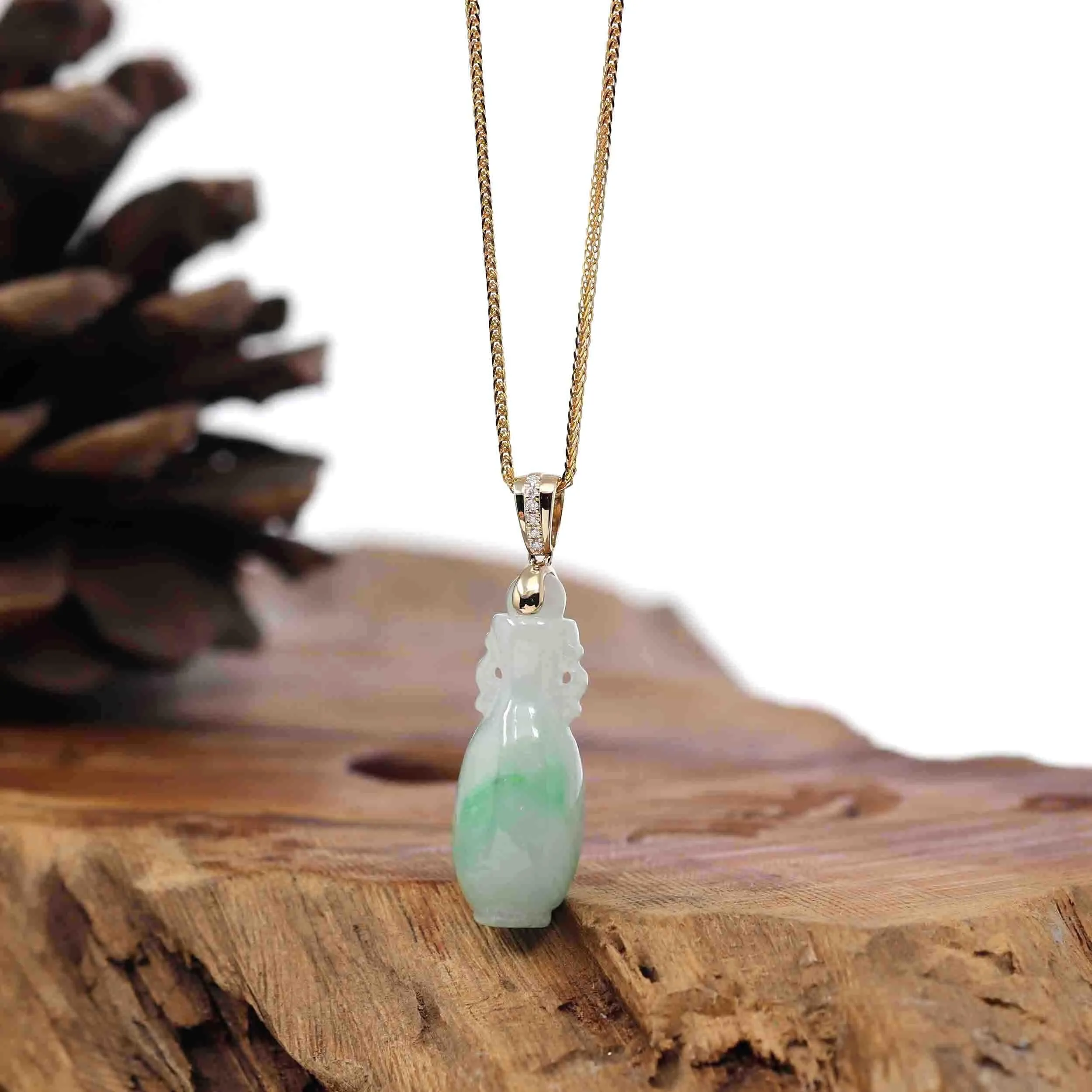 Natural Jadeite Jade Lucky Bottle Necklace with 14k Yellow Gold Bail