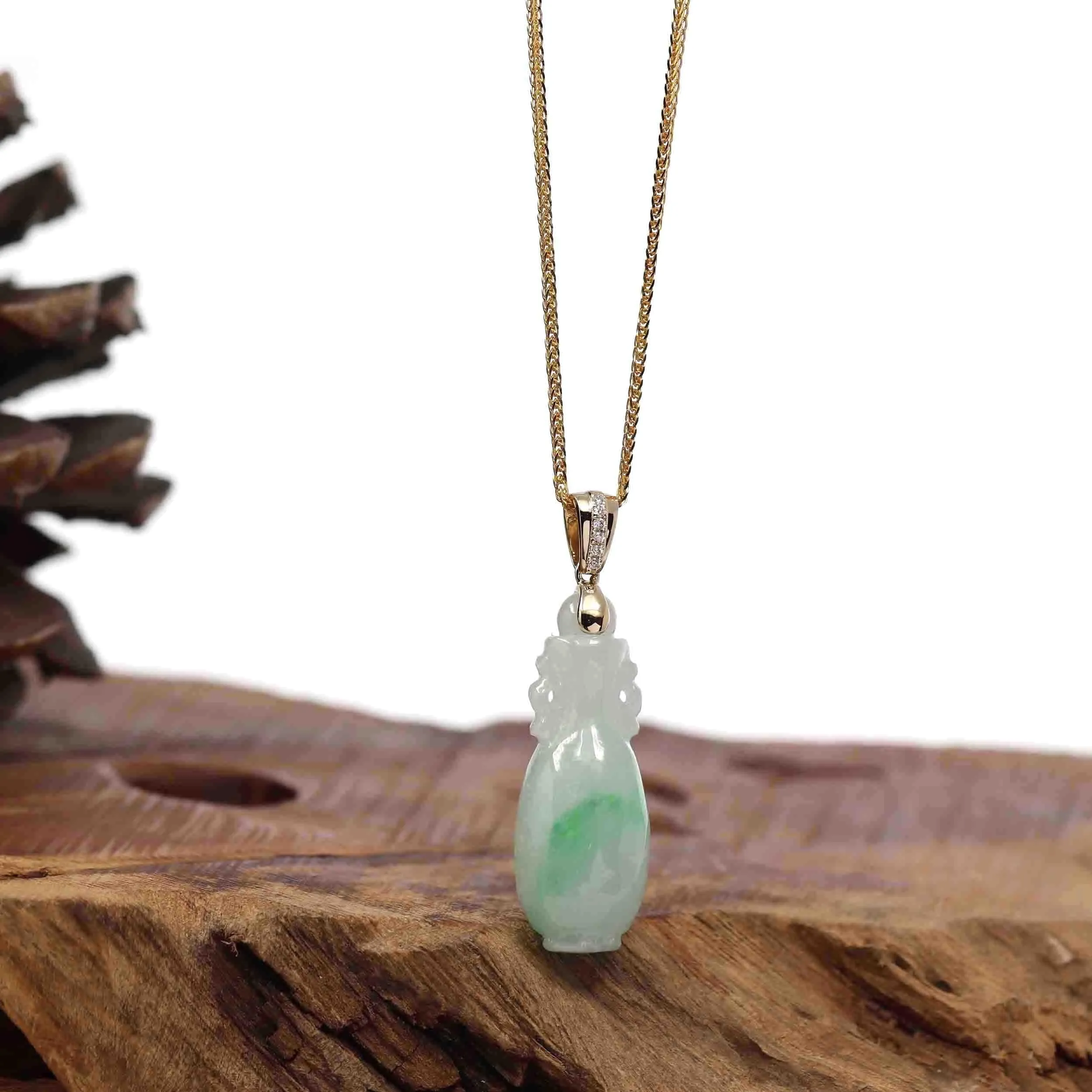 Natural Jadeite Jade Lucky Bottle Necklace with 14k Yellow Gold Bail