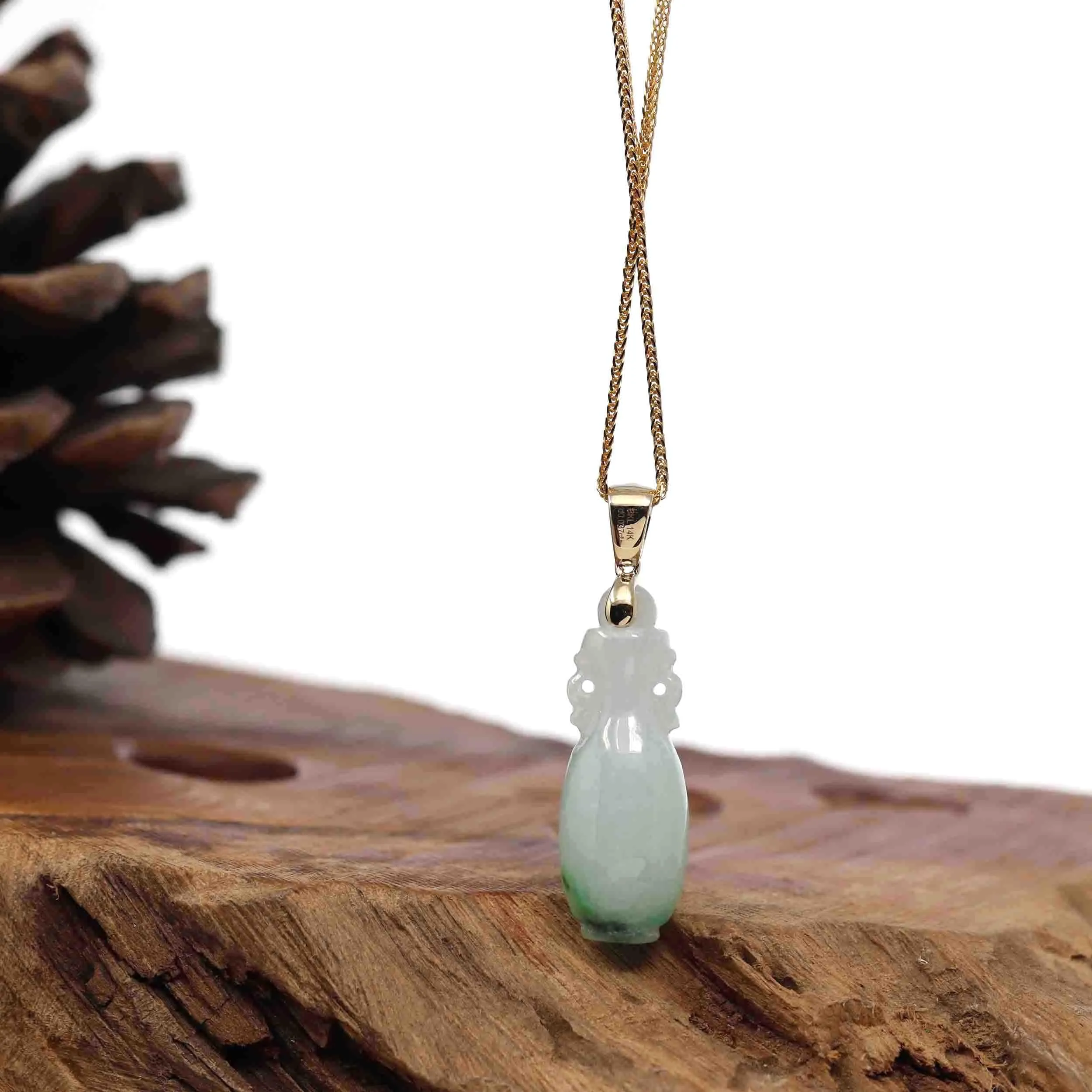 Natural Jadeite Jade Lucky Bottle Necklace with 14k Yellow Gold Bail