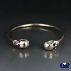 Natural Ruby & Sapphire Skull Design Cuff Bangle Bracelet In 14K Solid Gold