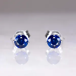 NATURAL SAPPHIRE VINTAGE STYLE STUD EARRINGS 14K WHITE GOLD FILIGREE BLUE ROUND