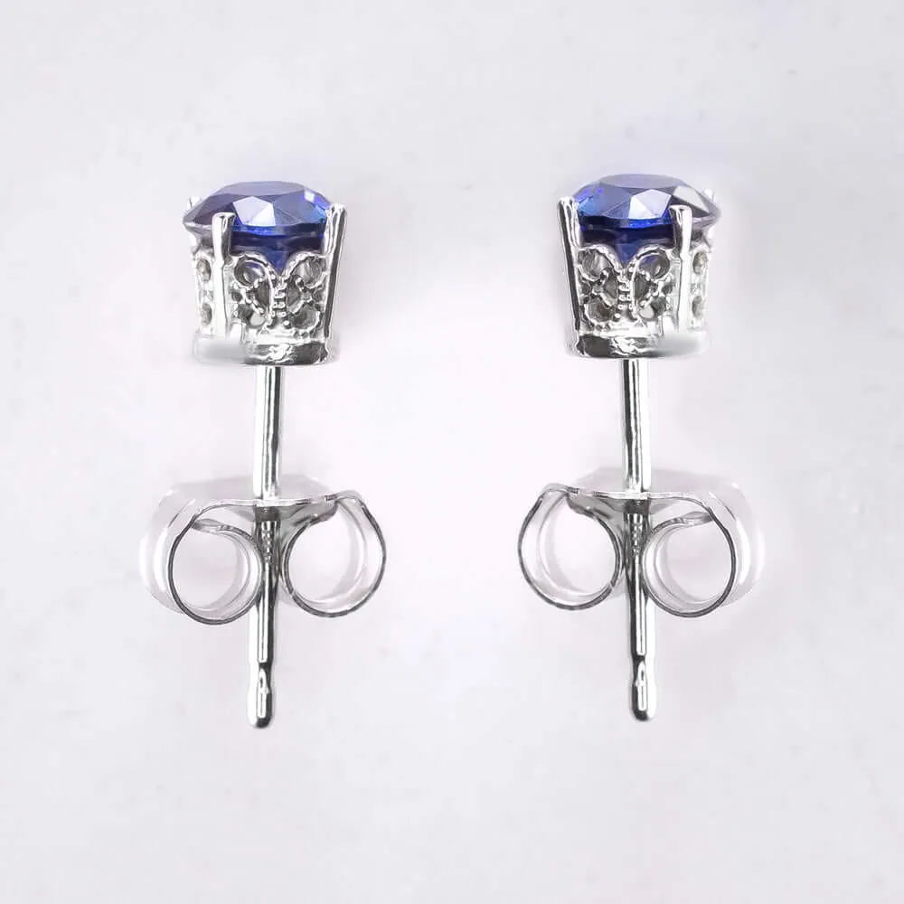 NATURAL SAPPHIRE VINTAGE STYLE STUD EARRINGS 14K WHITE GOLD FILIGREE BLUE ROUND