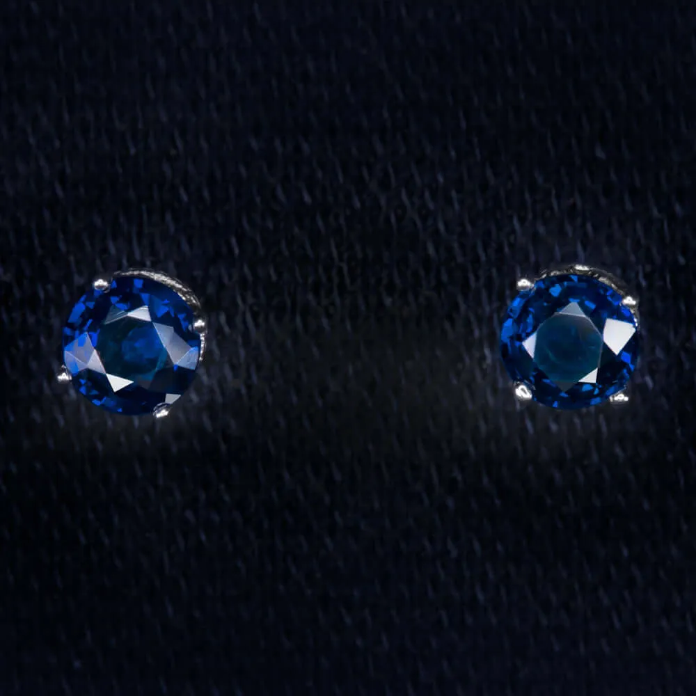 NATURAL SAPPHIRE VINTAGE STYLE STUD EARRINGS 14K WHITE GOLD FILIGREE BLUE ROUND