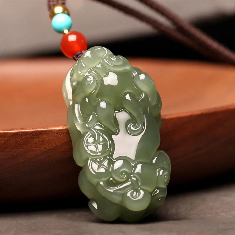 Natural Xinjiang Hetian Jade Green Jade Pixiu「Fortune and Prosperity」Pendant Jade Pendant Necklace Jewelry Gift