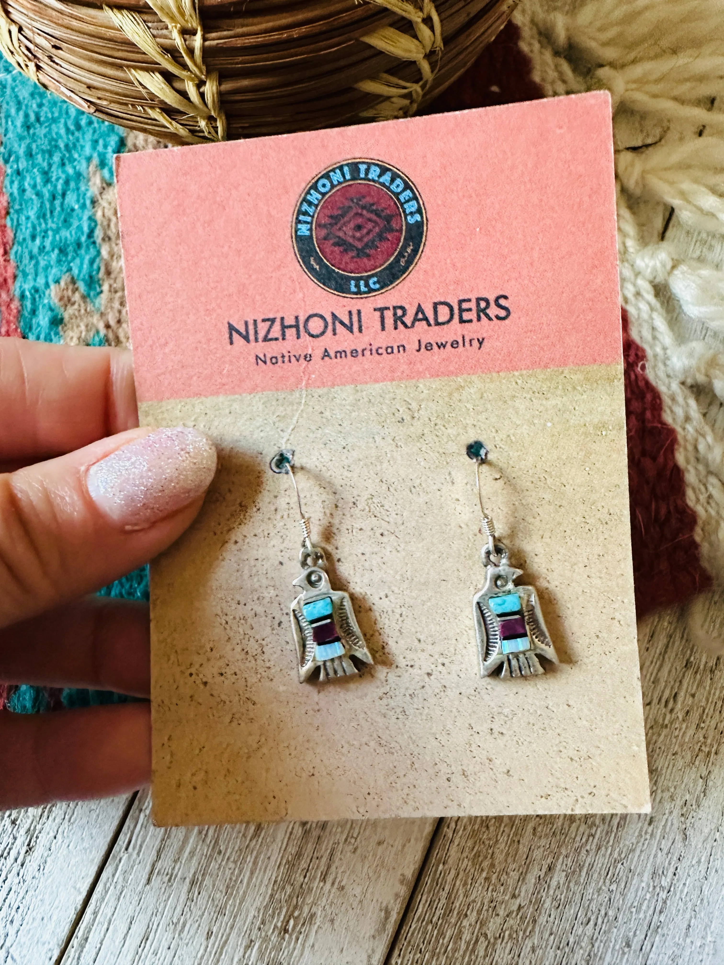 Navajo Sterling Silver & Multi Stone Thunderbird Dangle Earrings