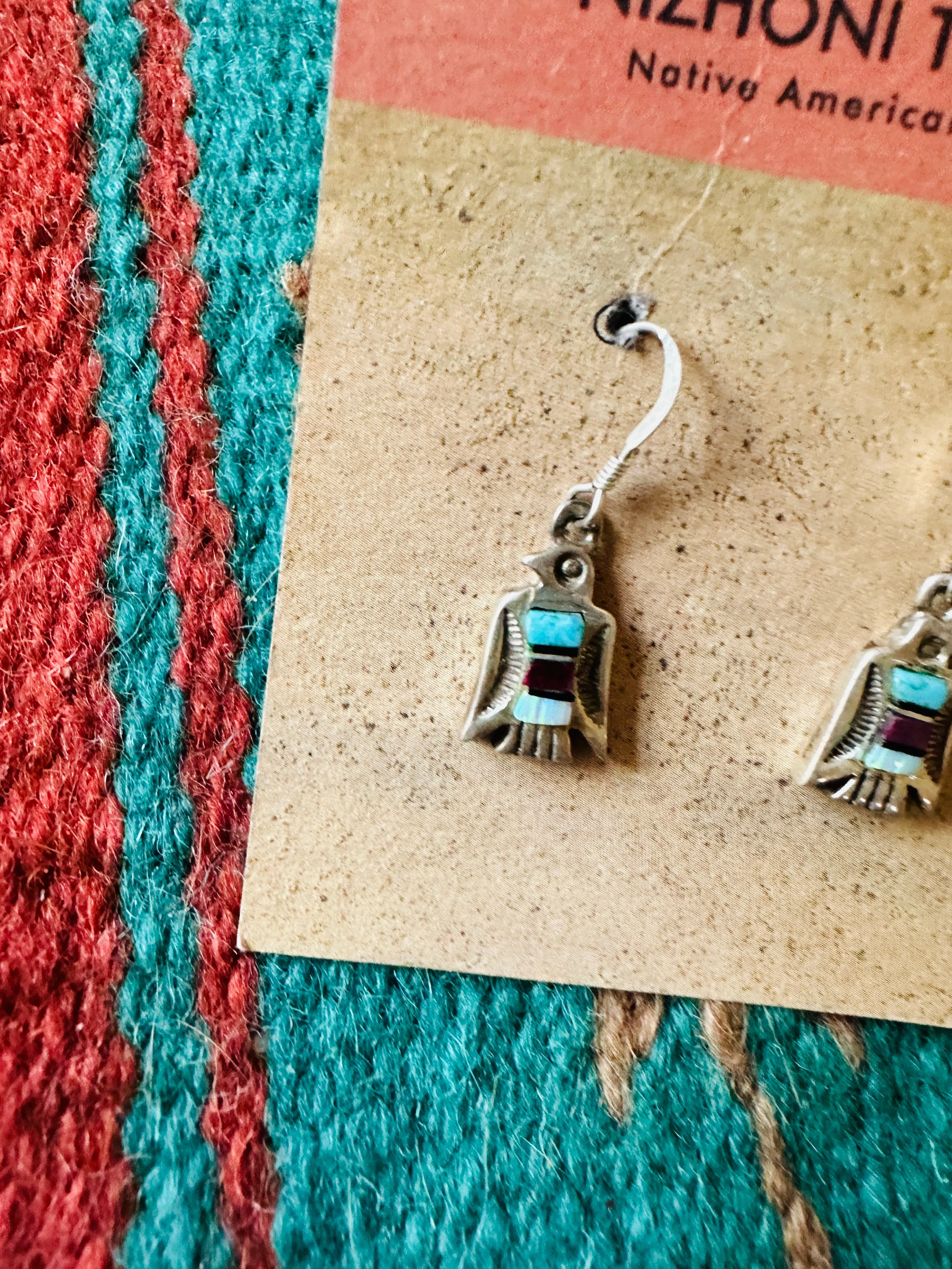 Navajo Sterling Silver & Multi Stone Thunderbird Dangle Earrings