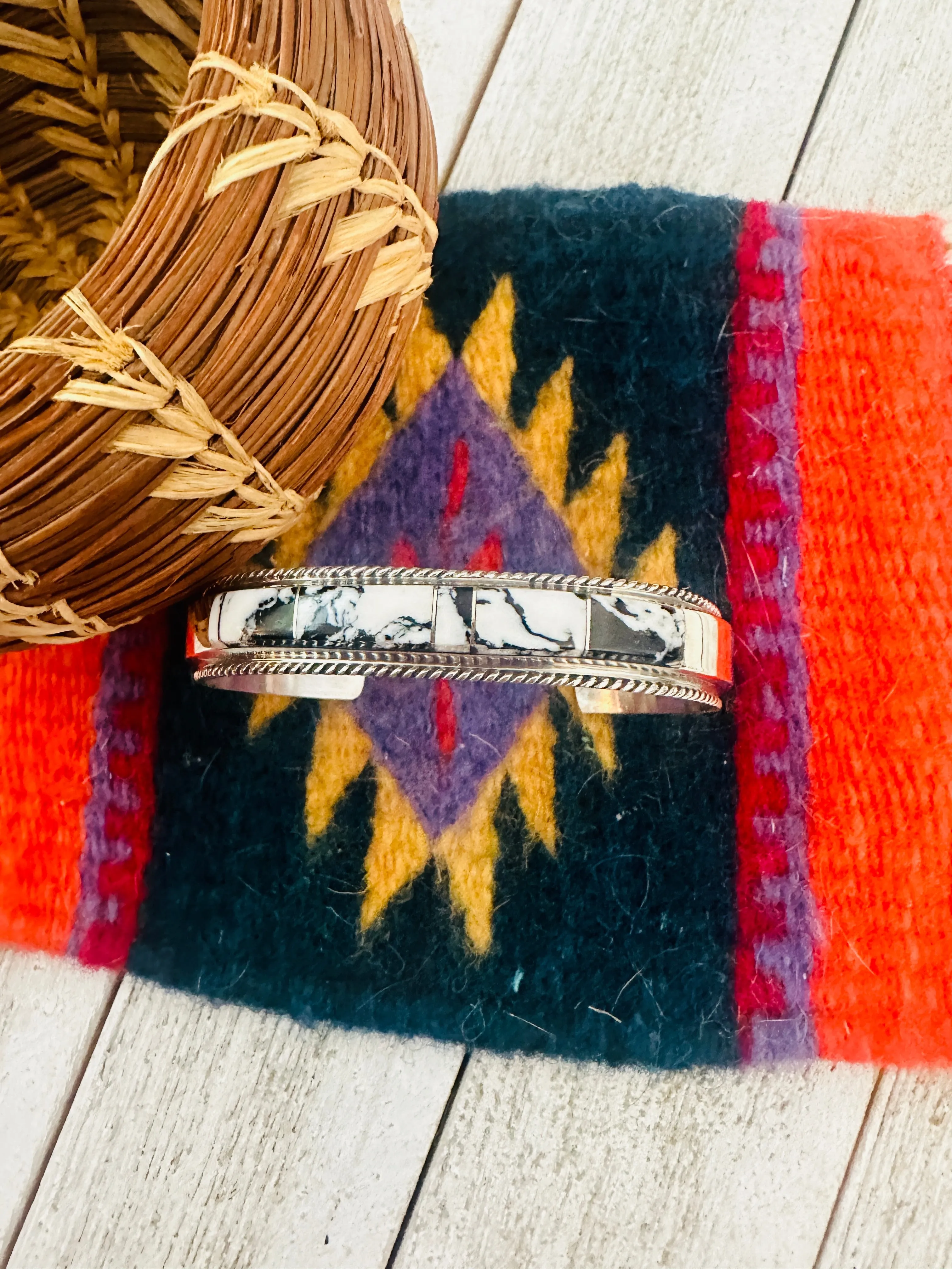 Navajo White Buffalo & Sterling Silver Inlay Cuff Bracelet