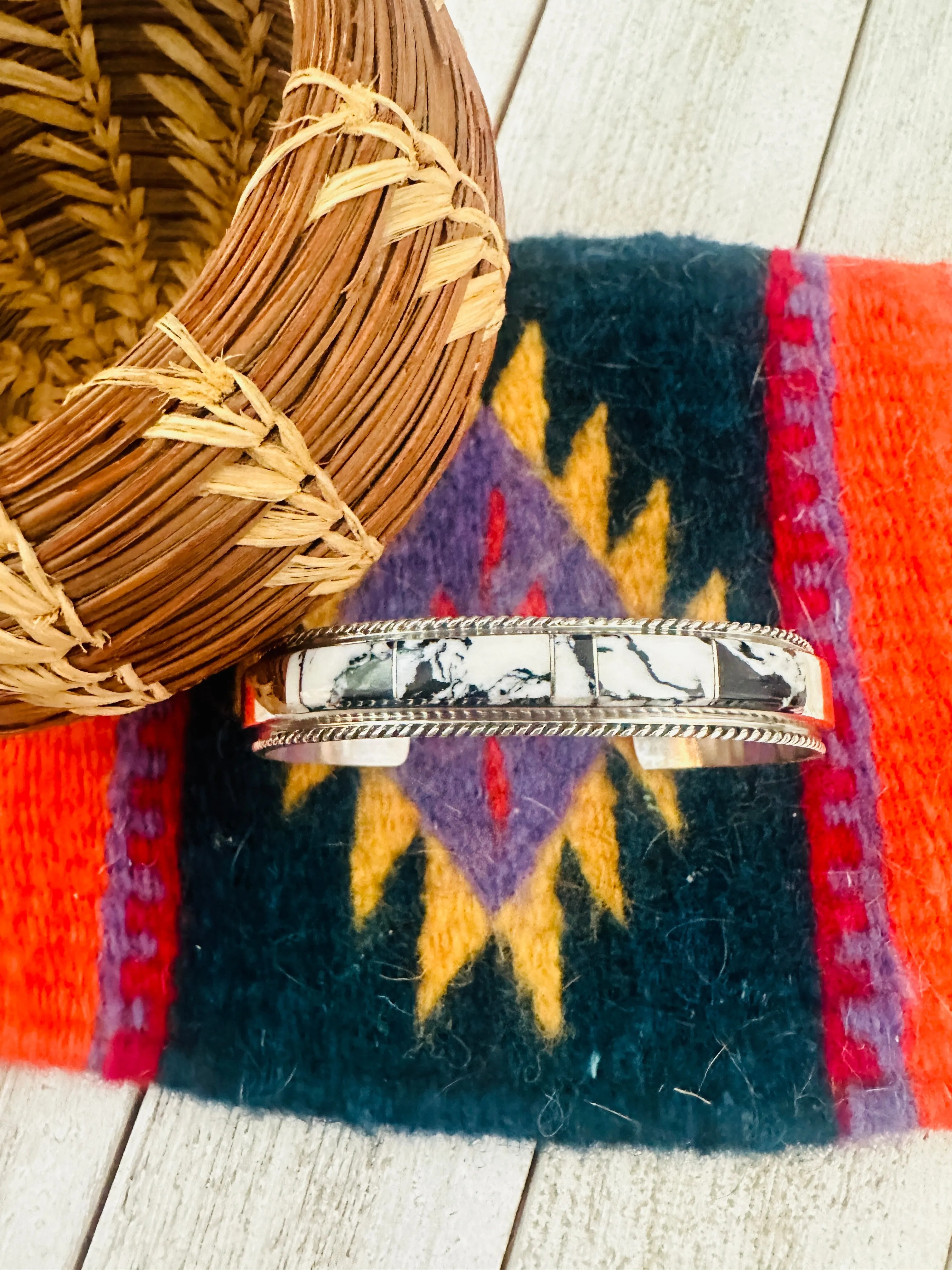 Navajo White Buffalo & Sterling Silver Inlay Cuff Bracelet