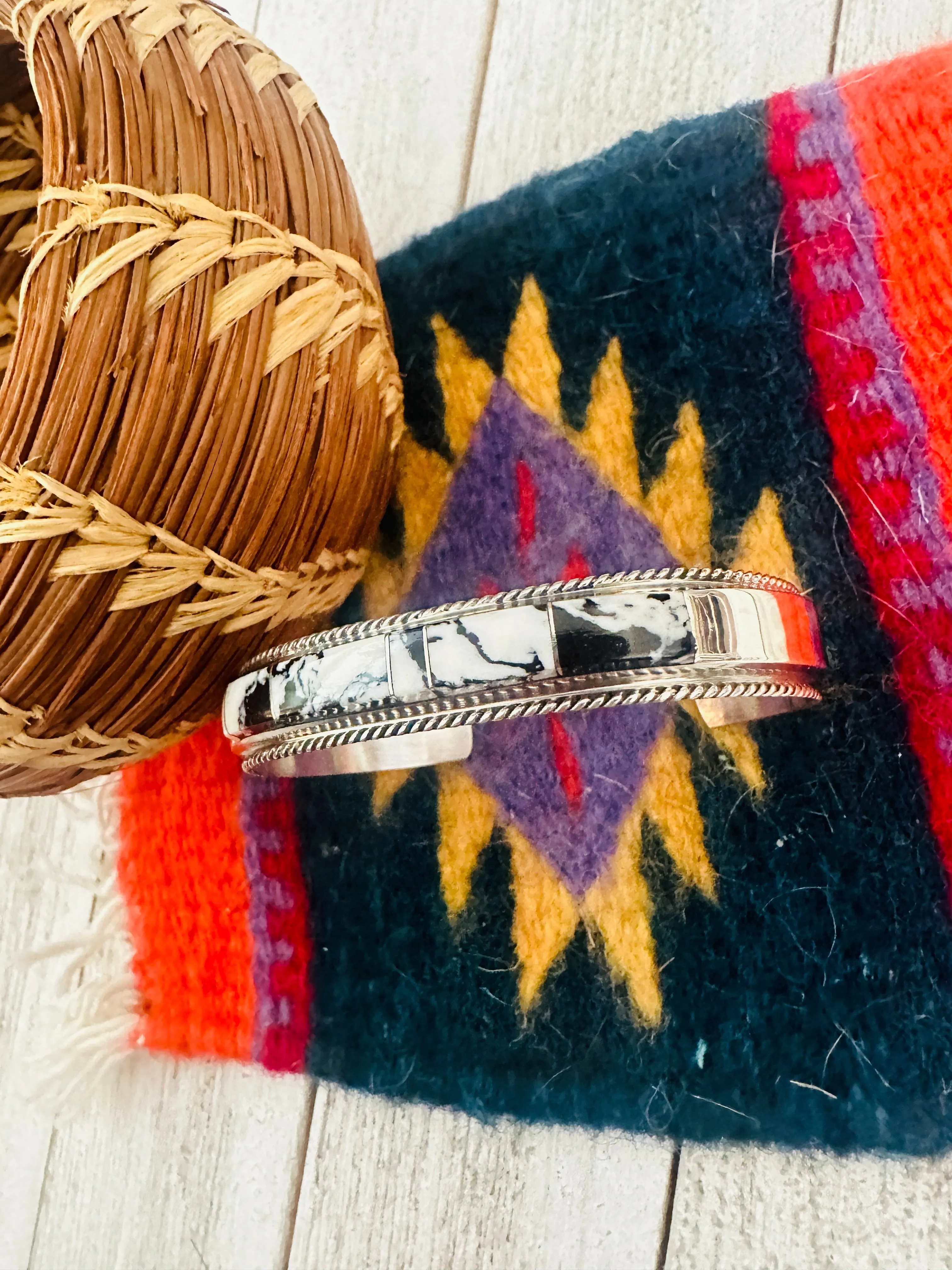 Navajo White Buffalo & Sterling Silver Inlay Cuff Bracelet