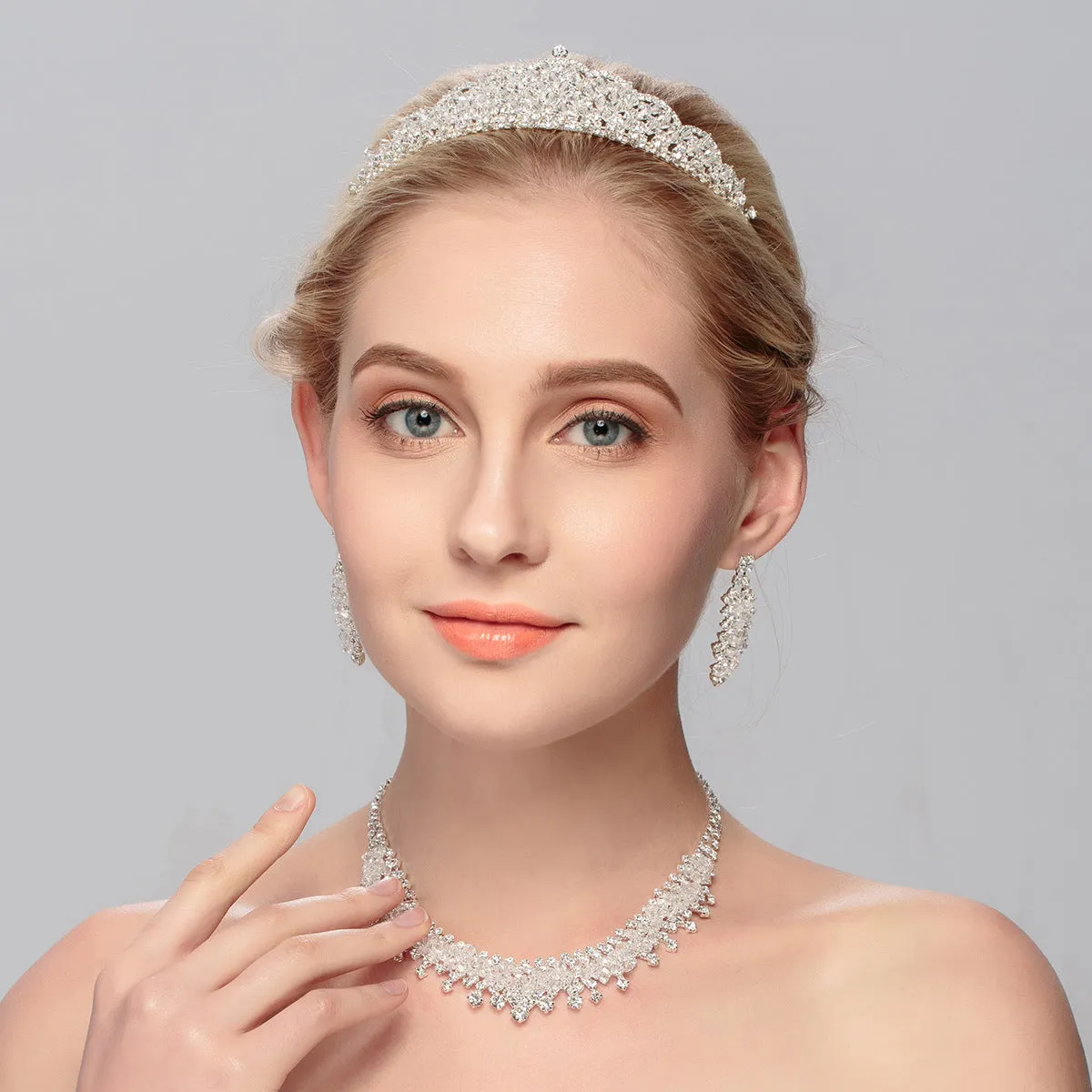 New bridal tiara crystal crown necklace earrings three-piece set wedding accessories jewelry crown set