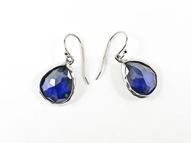 Nice Single Tear Drop Detailed Cut Sapphire Color CZ Fish Hook Silver Earrings