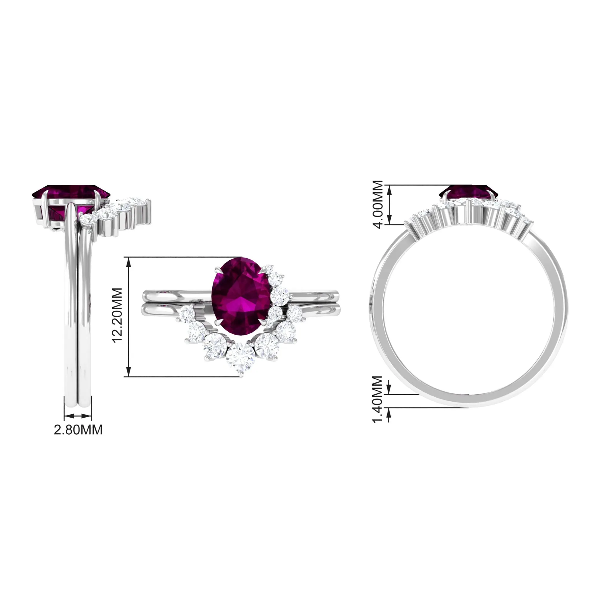 Oval Rhodolite Solitaire Wedding Ring Set with Diamond